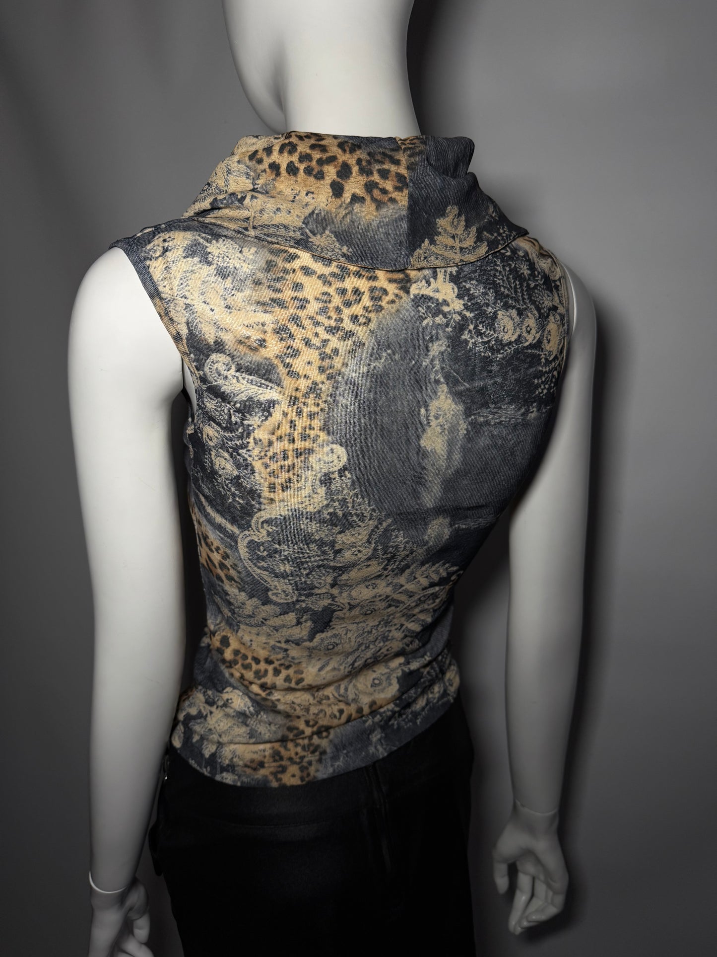 Vintage Cowl Neck Mesh Top with Leopard Print TWINKLING