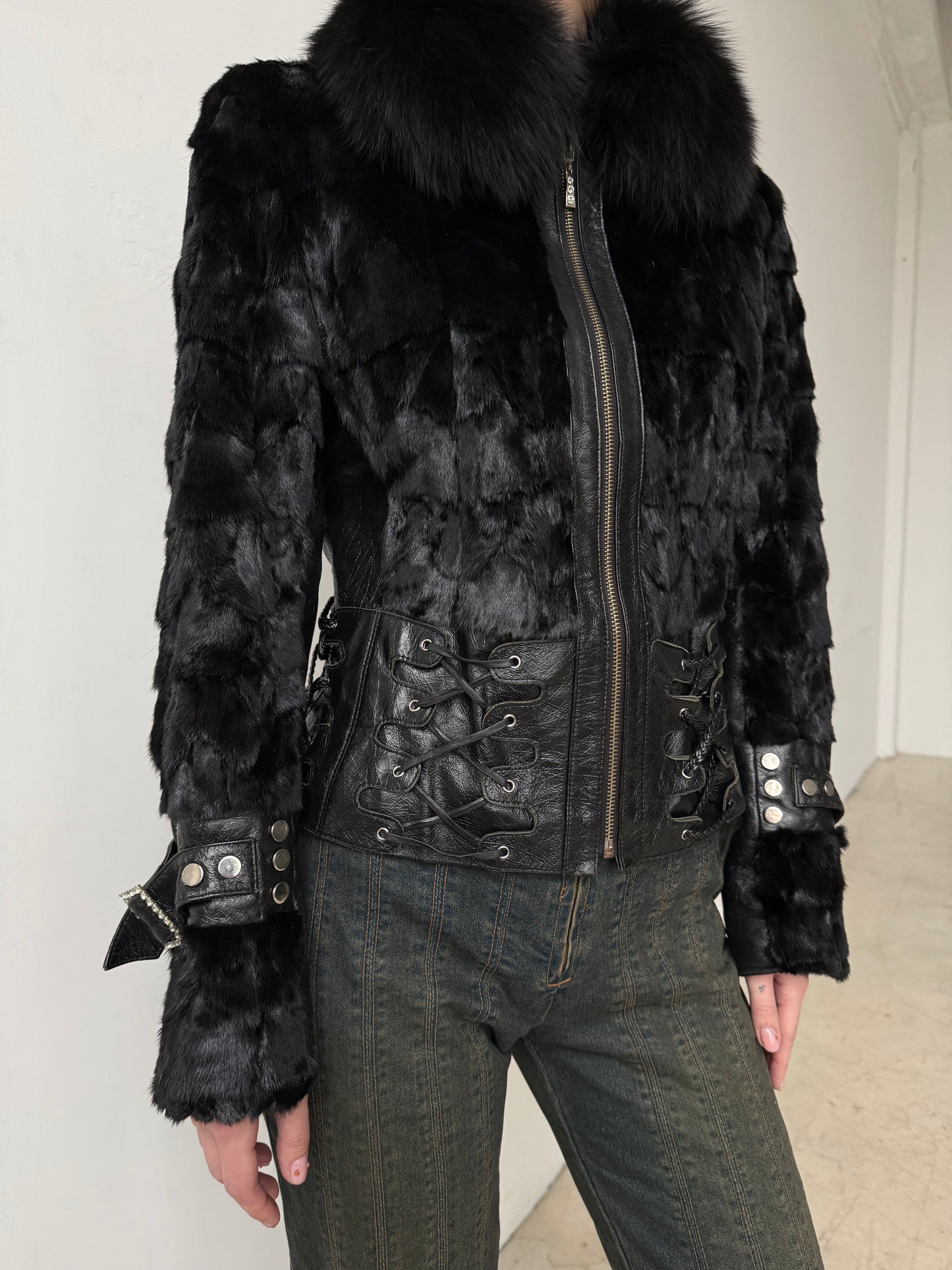 Vintage Leather & Real Fur Lace-Up Jacket TWINKLING GLOBAL