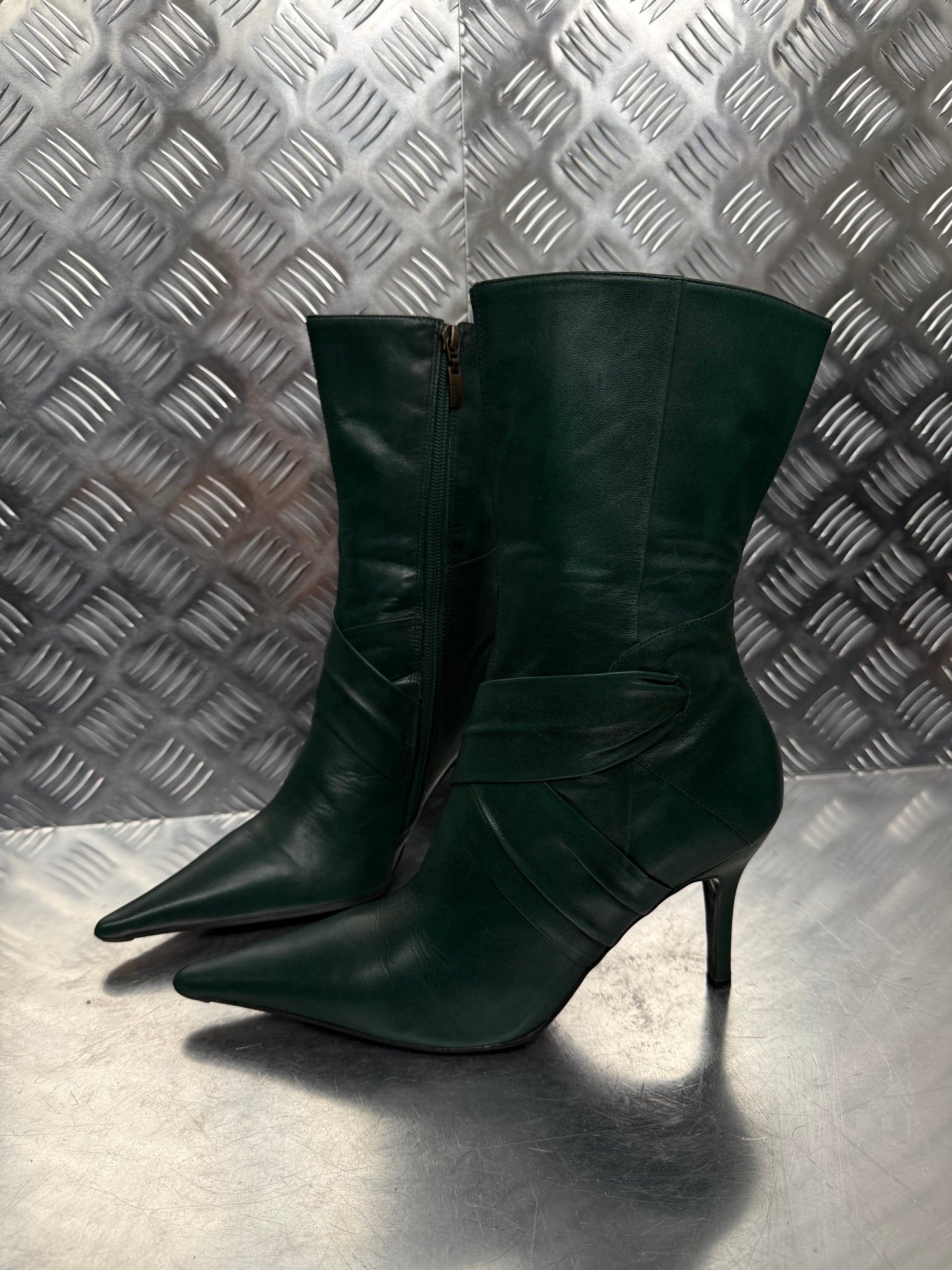 Vintage Dark Green Leather Heeled Boots FAITH TWINKLING GLOBAL