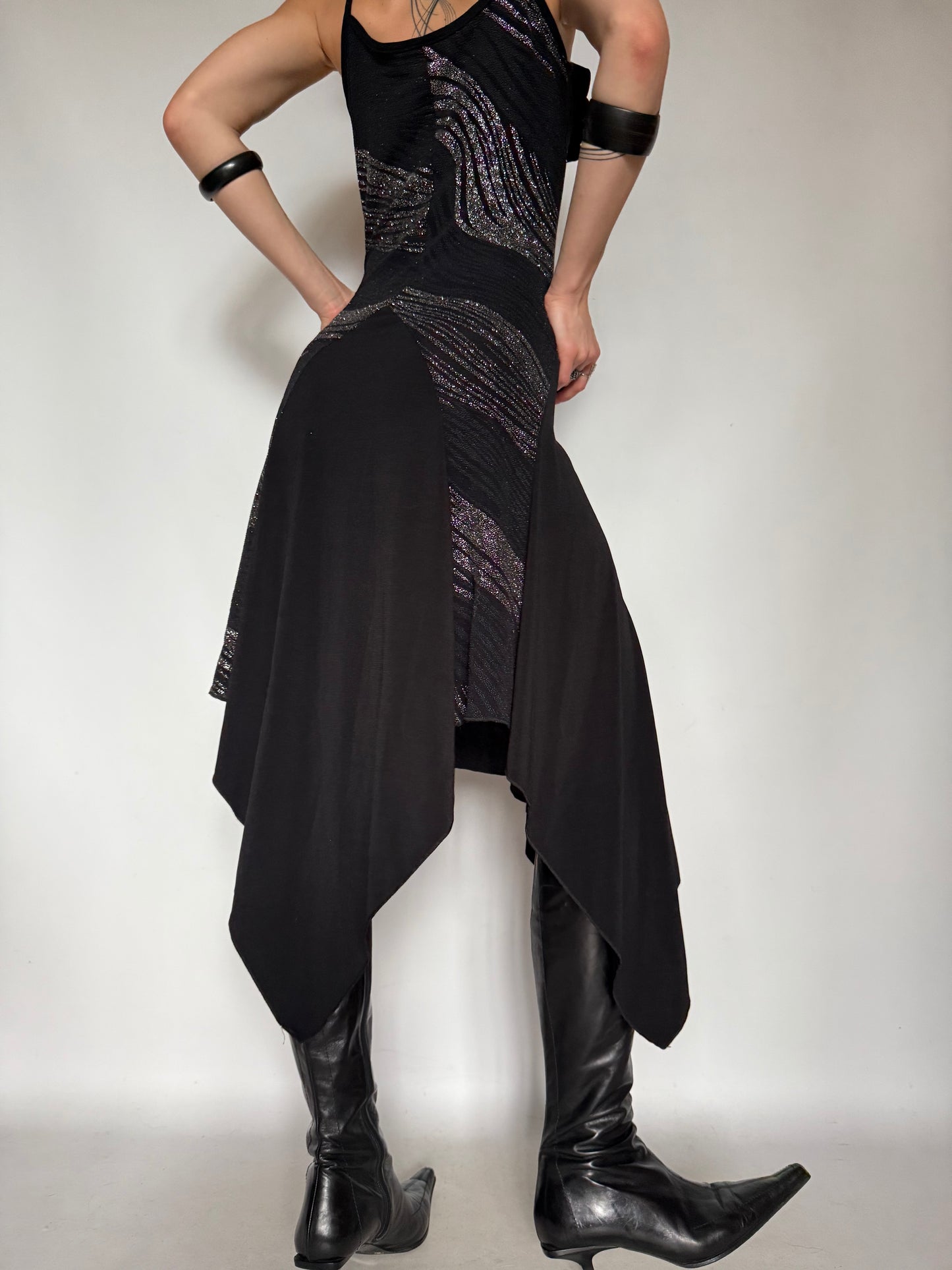 Vintage Black Asymmetrical Midi Dress with Metallic Stripes – Twinkling Global
