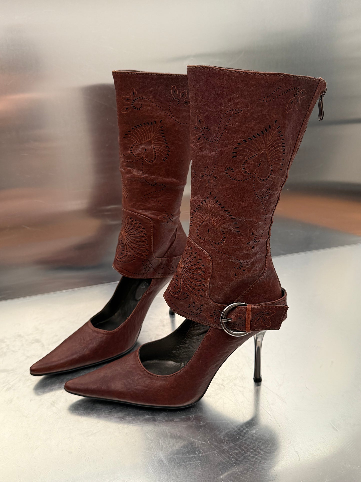 Vintage Brown Leather Gaiter-Style Pump Boots Twinkling Global