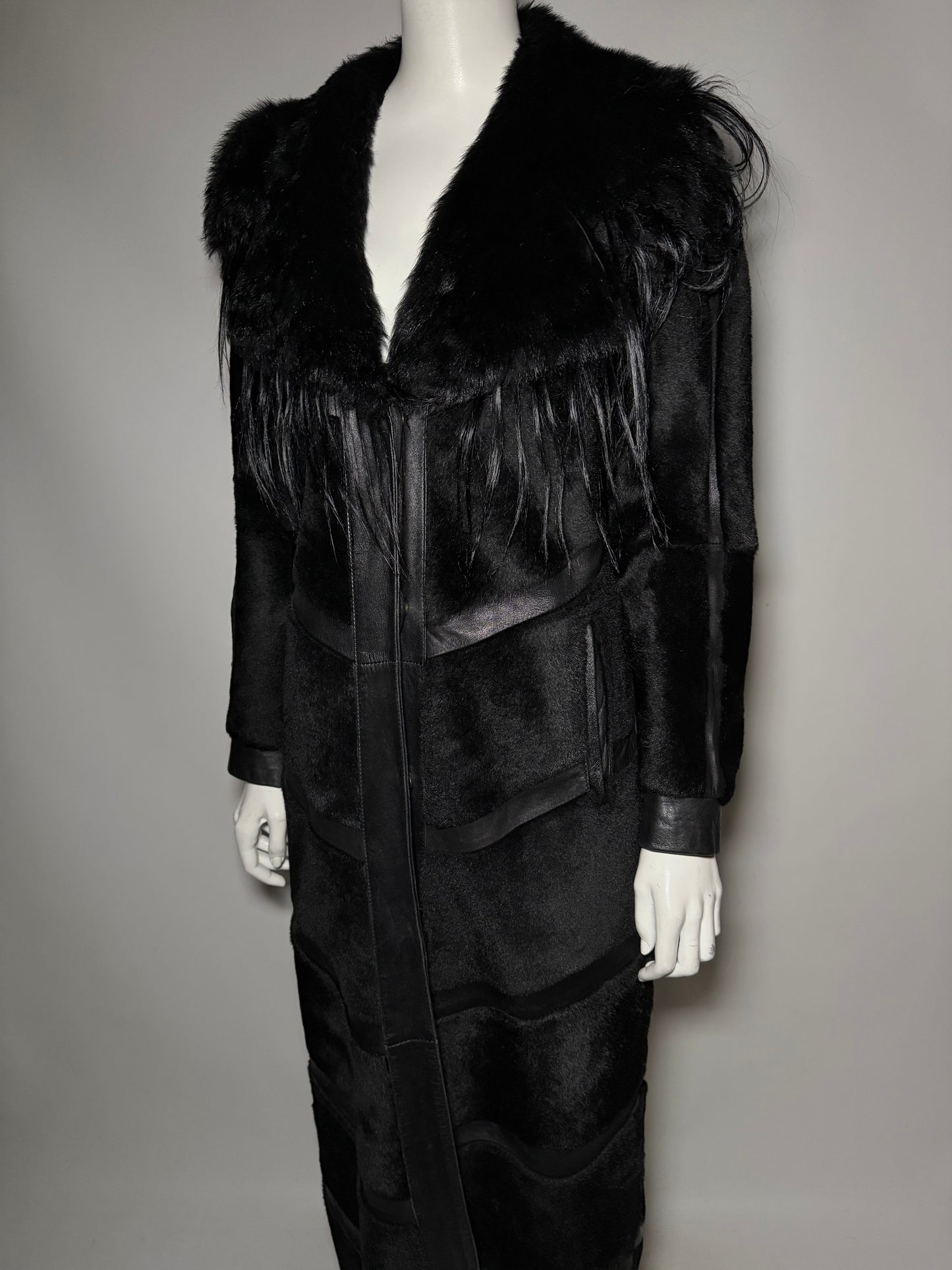 Vintage Black Leather Long Coat with Real Fur TWINKLING GLOBAL