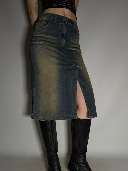 Y2K Rust-Washed Denim Skirt with Front Slit  Twinkling