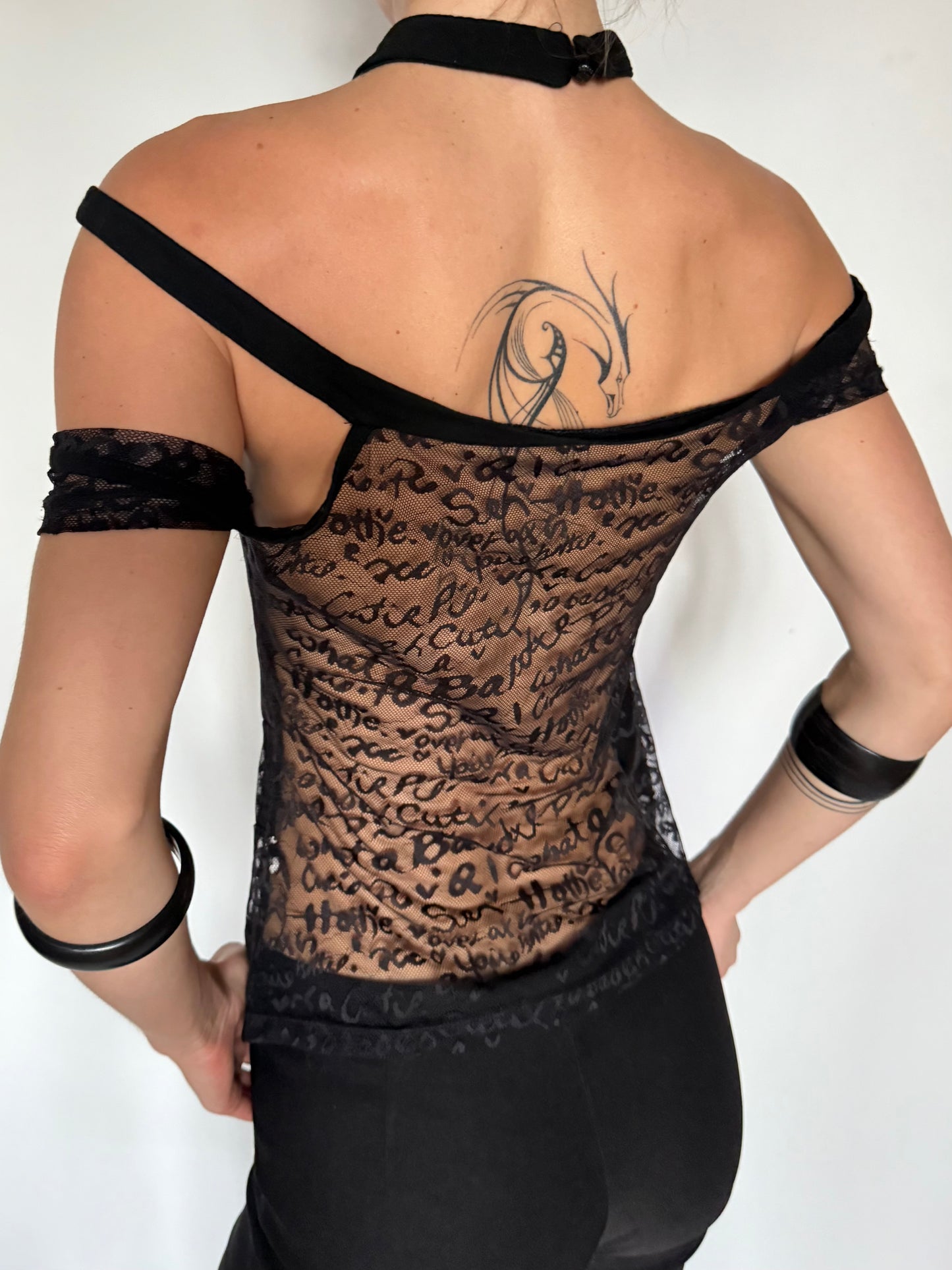 Vintage Black Sheer Mesh Top with Script Print – Twinkling Global