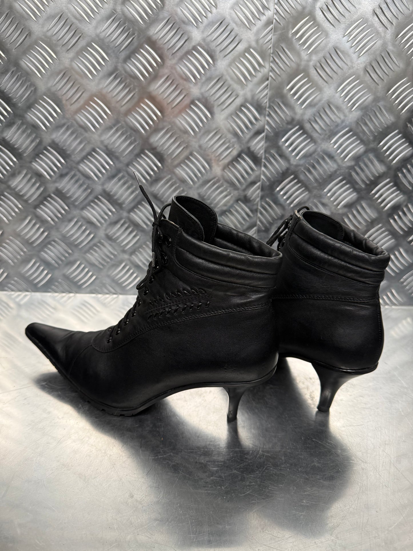 Vintage Black Leather Lace-Up Heeled Boots TWINKLING GLOBAL