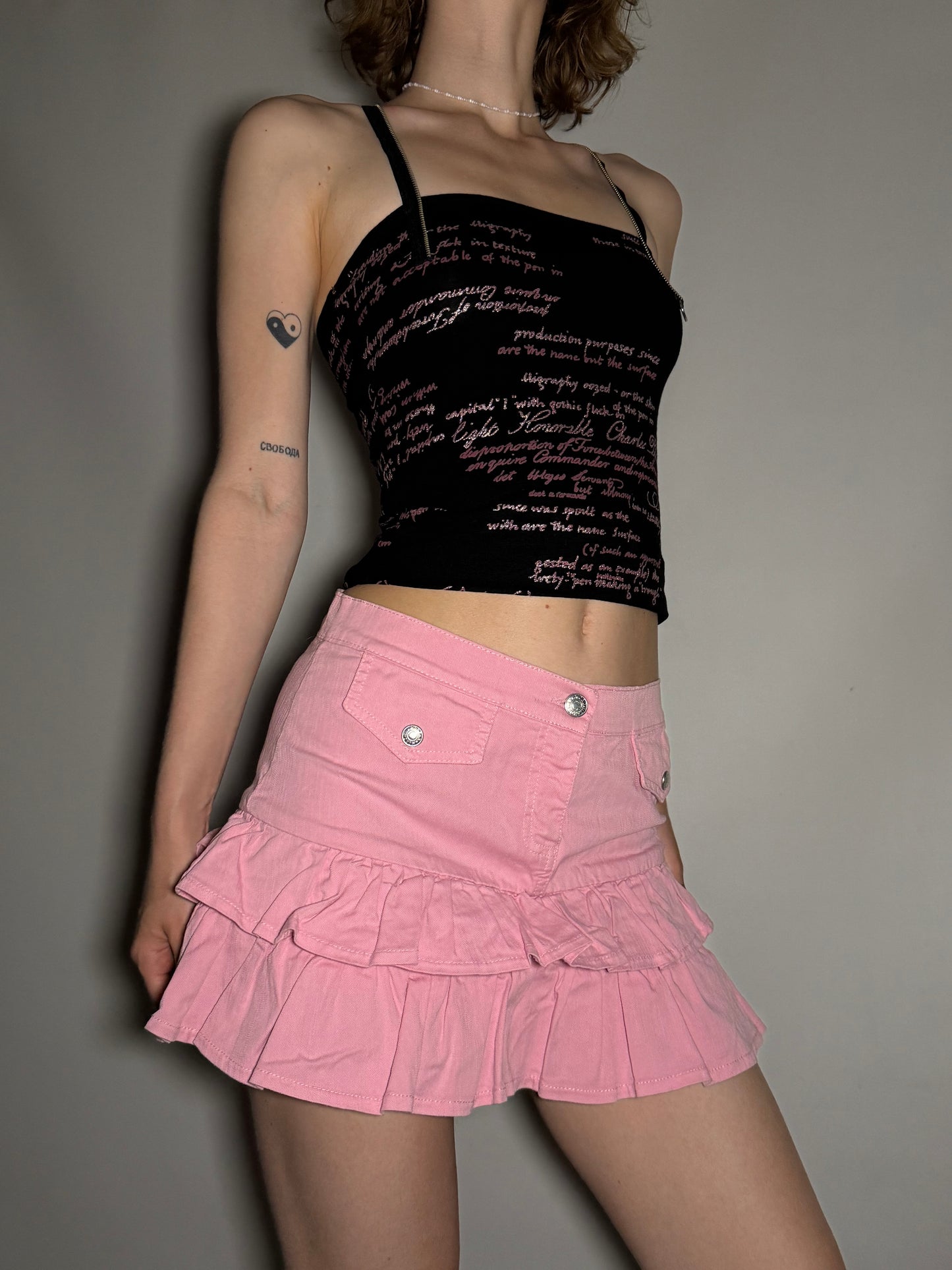 Y2K Pink Ruffle Denim Mini Skirt Twinkling