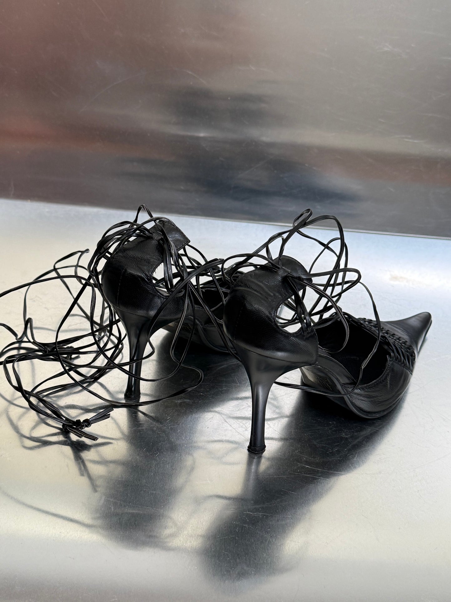 Vintage Black Leather Heels with Lace-Up Straps  Twinkling