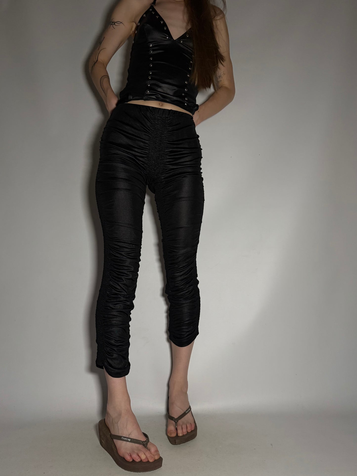 Y2K Black Ruched Capri Pants with Shiny Stretch Fabric Twinkling