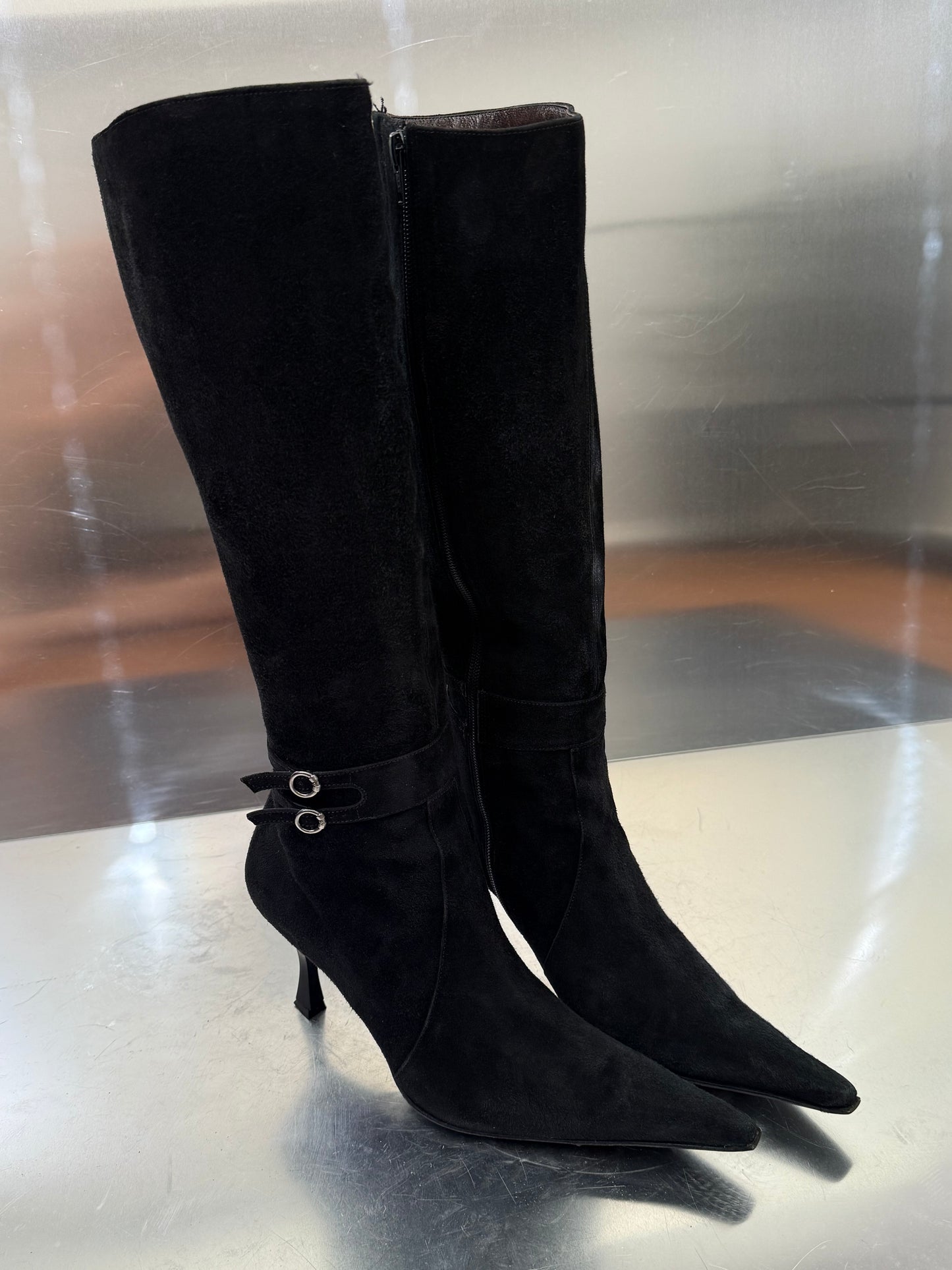 Vintage Black Suede Leather High Boots Made in Italy Twinkling Global