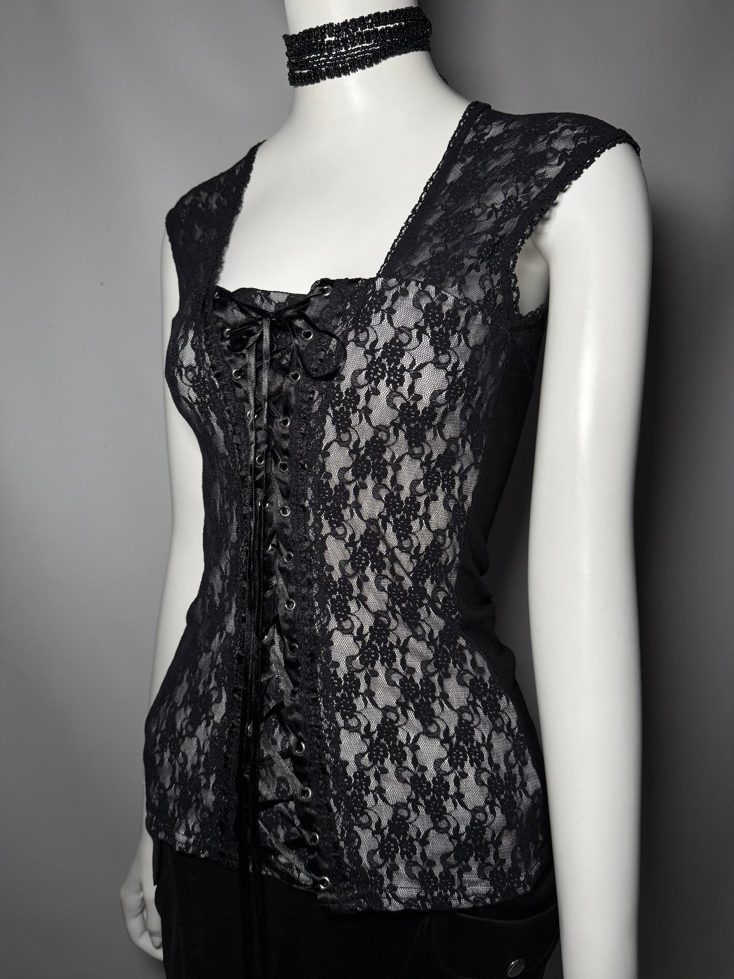 Gothic Black Lace Corset-Style Top with Front Lacing Twinkling