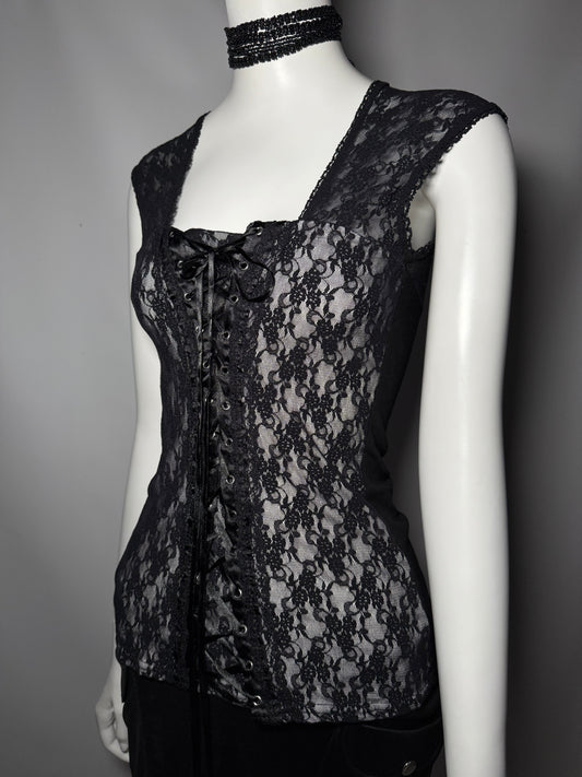 Gothic Black Lace Corset-Style Top with Front Lacing Twinkling