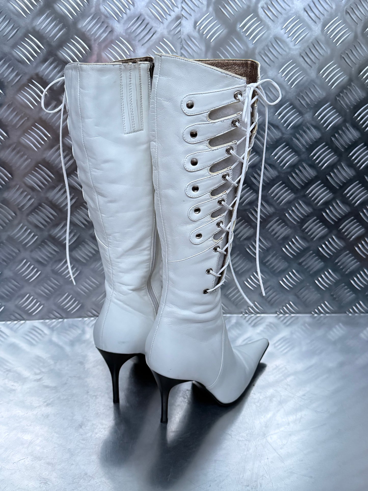 Vintage Italy White Leather Lace-Up Heeled Boots TWINKLING GLOBAL