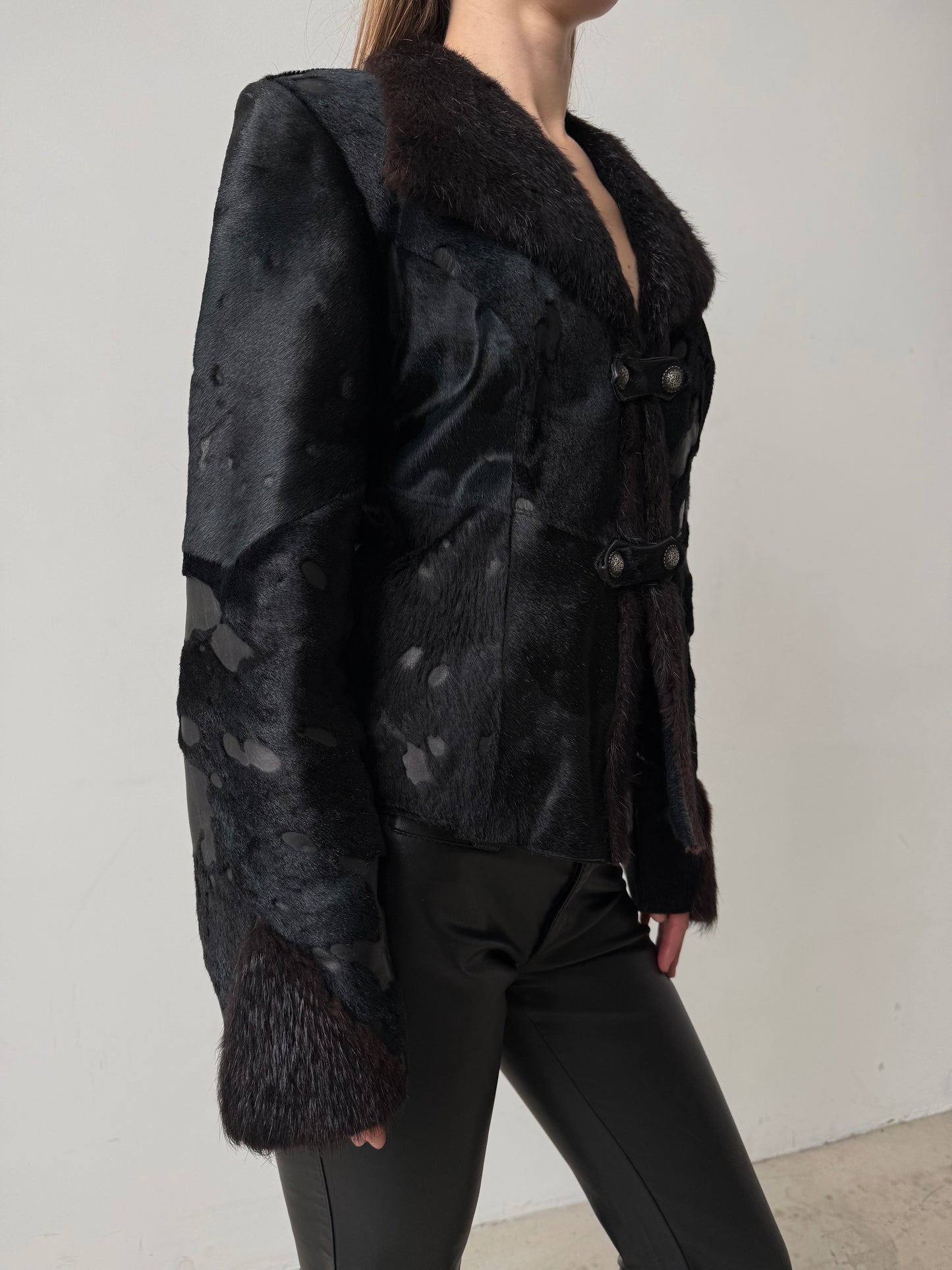 Vintage pony fur & leather fitted jacket – black-blue mix TWINKLING GLOBAL