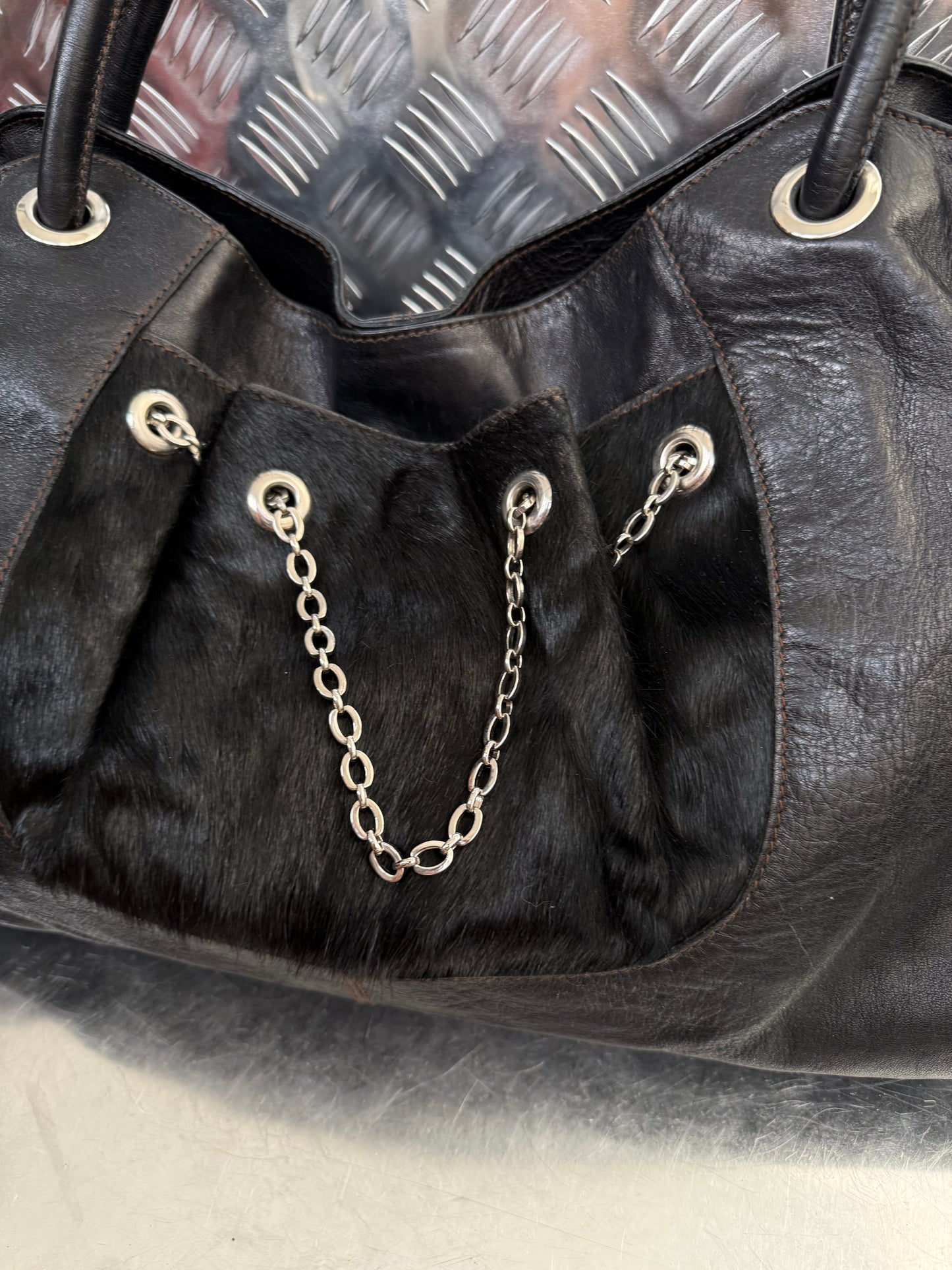 Vintage Furla Leather Bag with Pony Hair Detail Twinkling Global