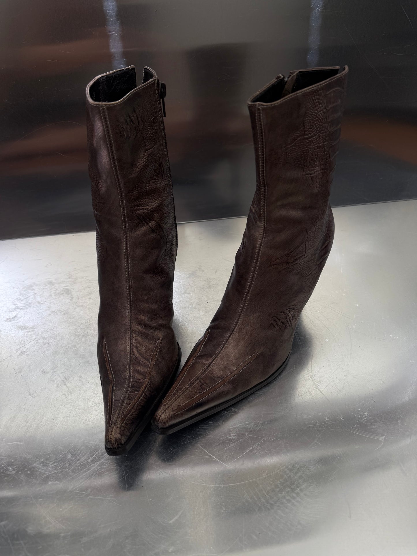 Vintage Brown Leather Pointed Boots Twinkling Global