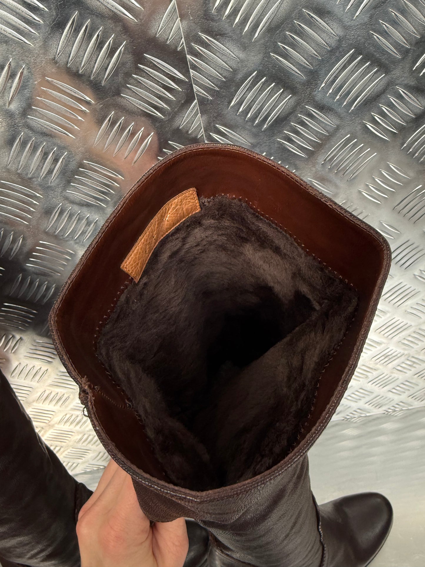 Vintage brown leather platform wedge over-the-knee boots SHY TWINKLING GLOBAL