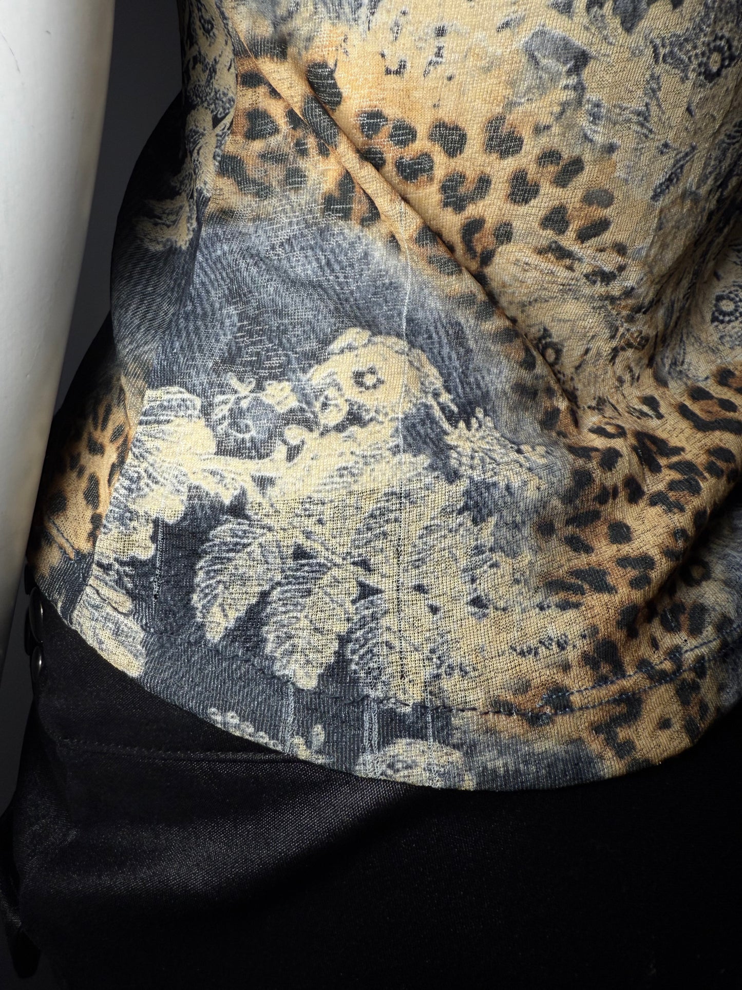 Vintage Cowl Neck Mesh Top with Leopard Print TWINKLING