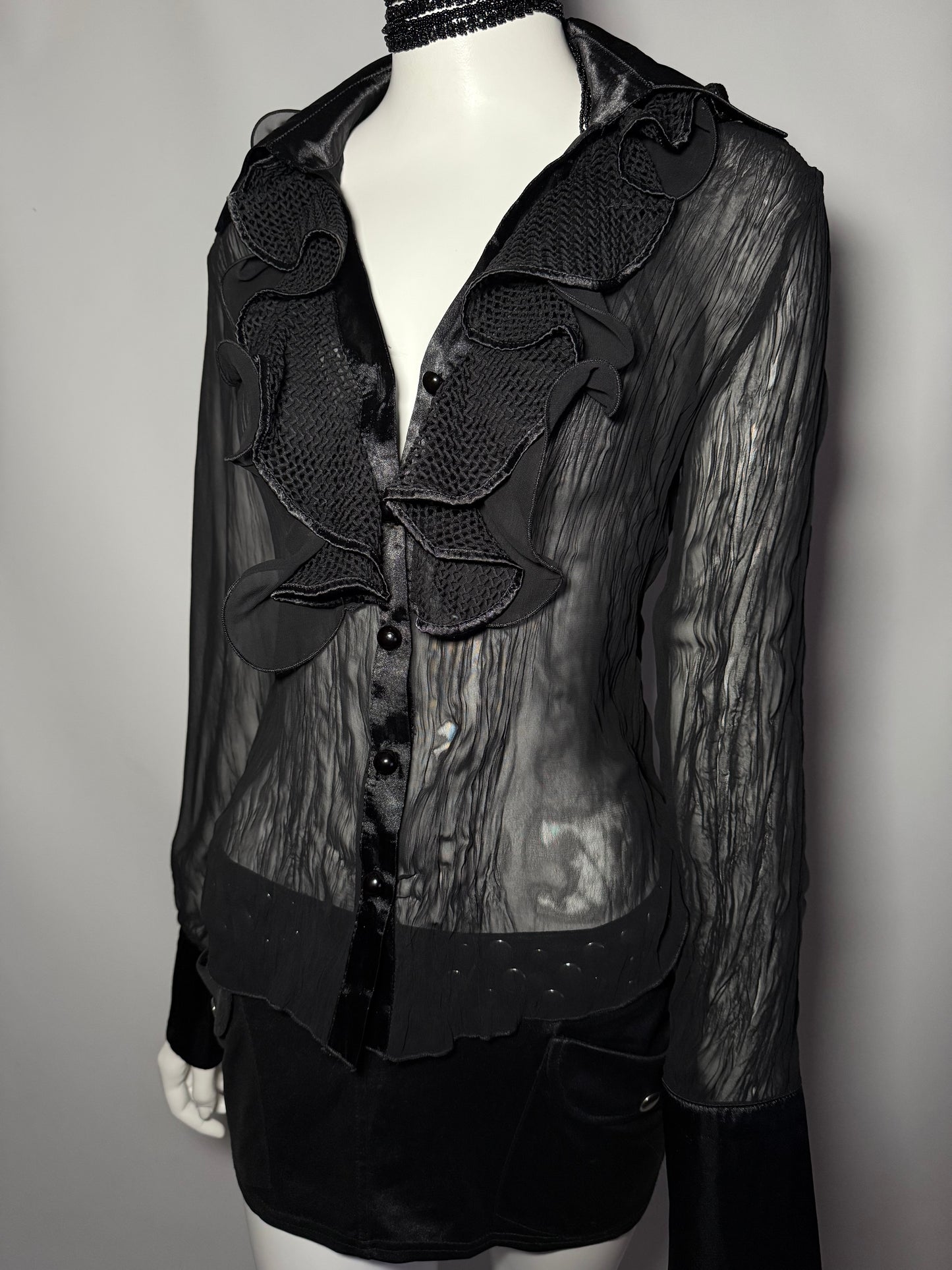 Sheer Black Ruffle Blouse with Textured Details TWINKLING