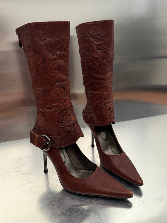 Vintage Brown Leather Gaiter-Style Pump Boots Twinkling Global