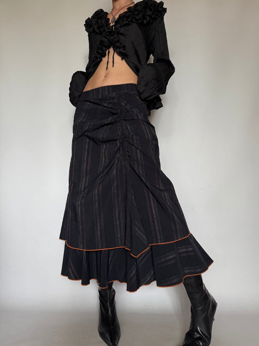 Vintage Black Striped Midi Skirt with Orange Hem Twinkling Global