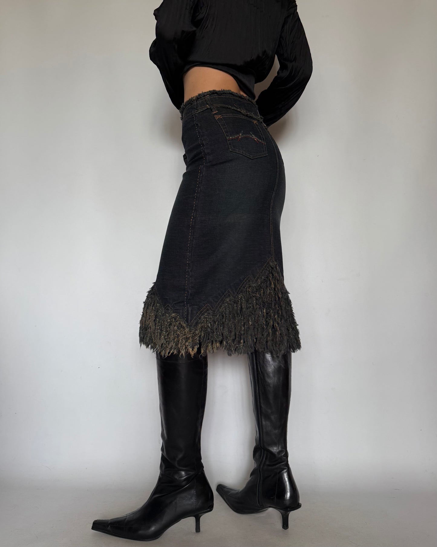 Vintage Denim Skirt with Fringe Hem Twinkling Global