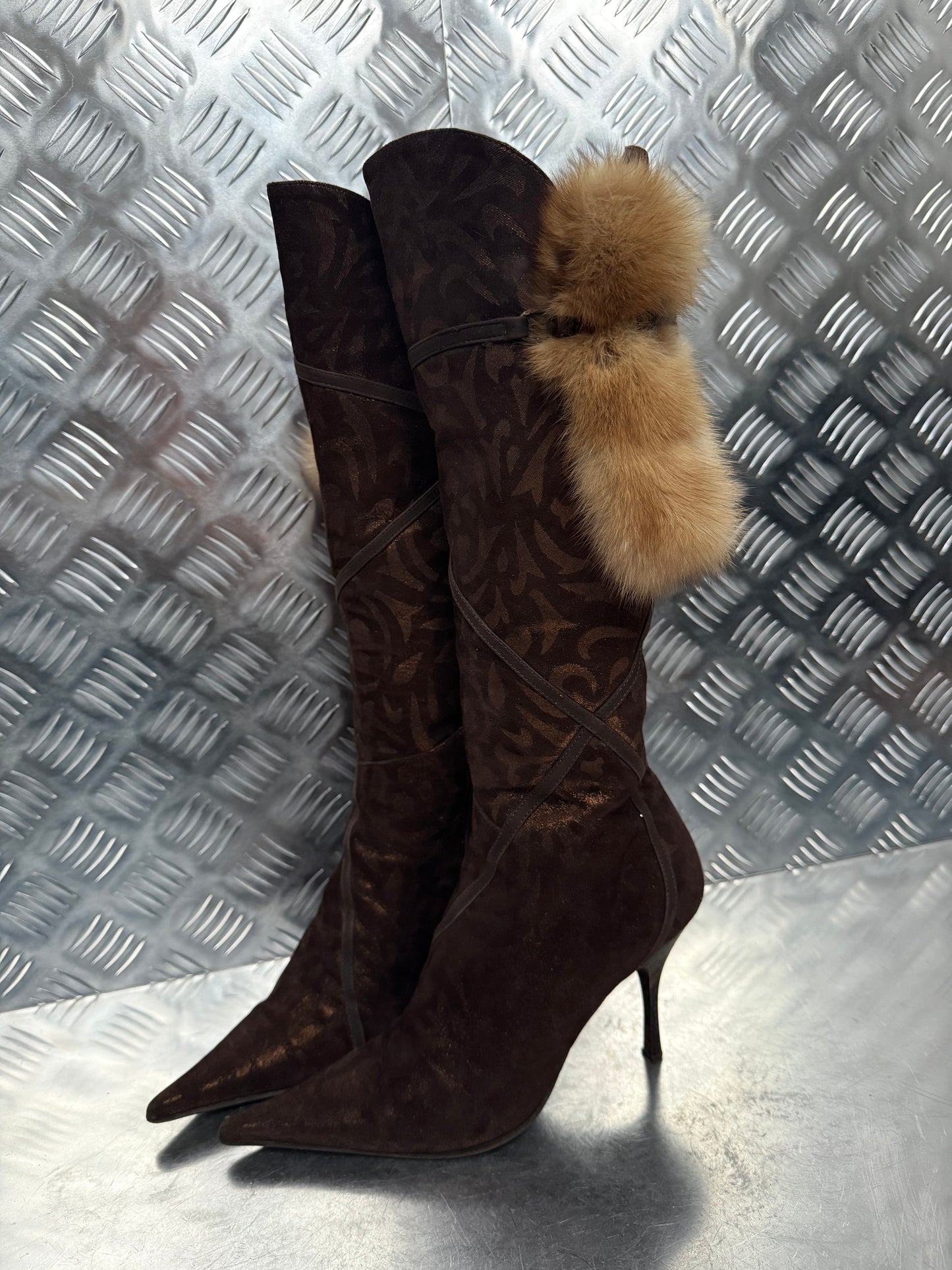 Italian Brown Suede Heeled Boots with Real Fur TWINKLING GLOBAL