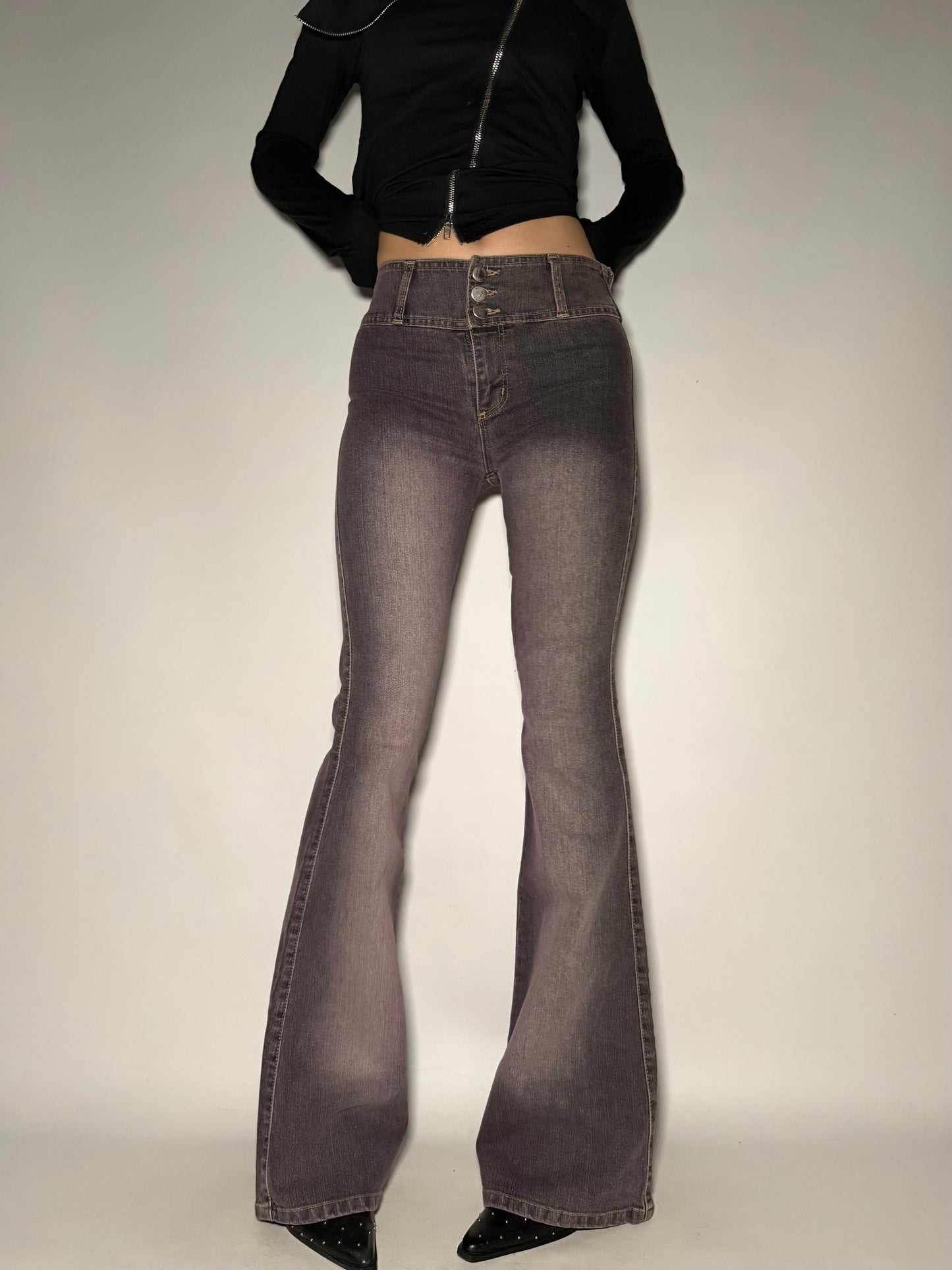 Grey-Pink Washed Stretch Flare Jeans Twinkling Global