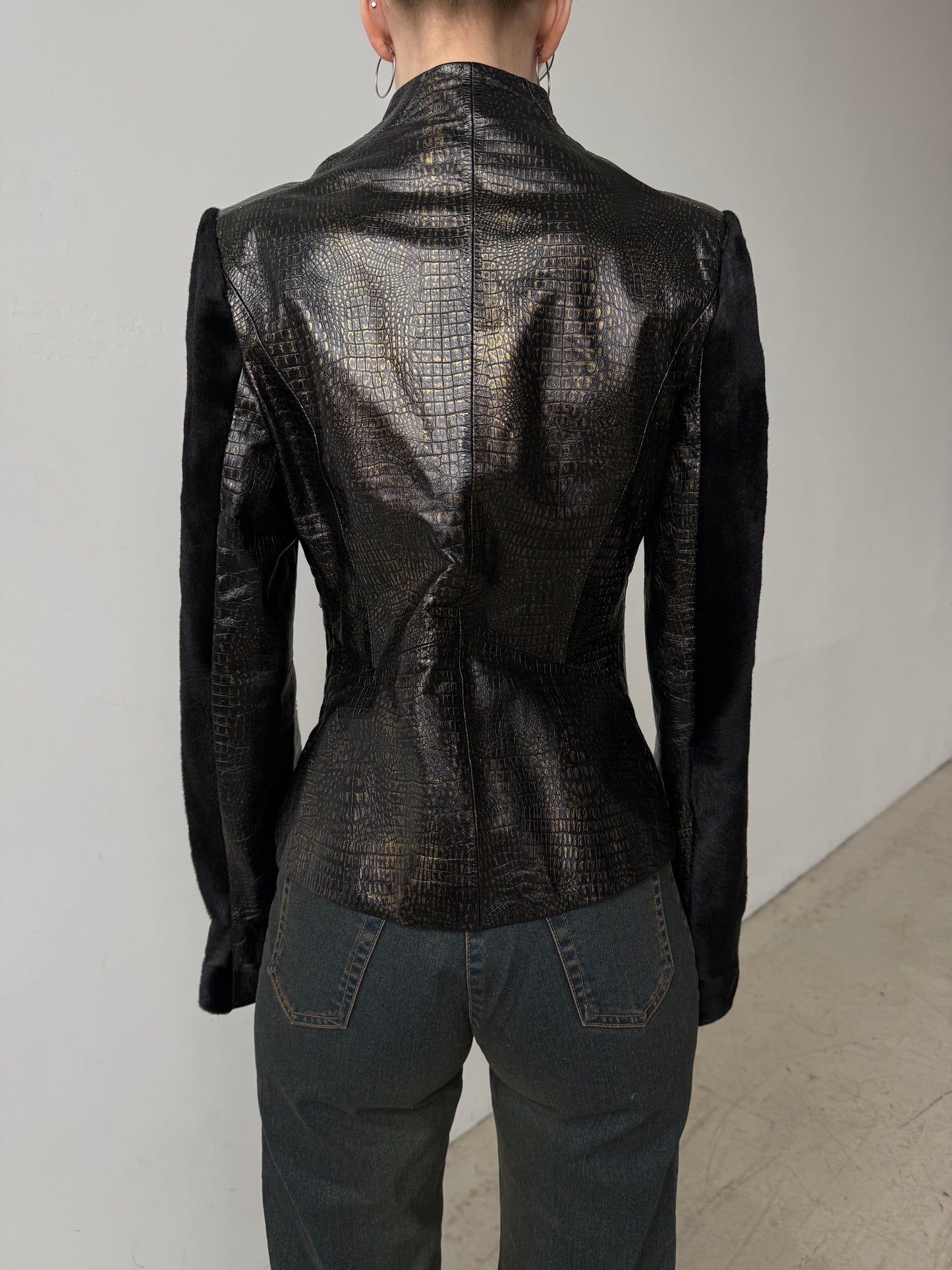 Vintage fitted leather jacket with pony fur TWINKLING GLOBAL