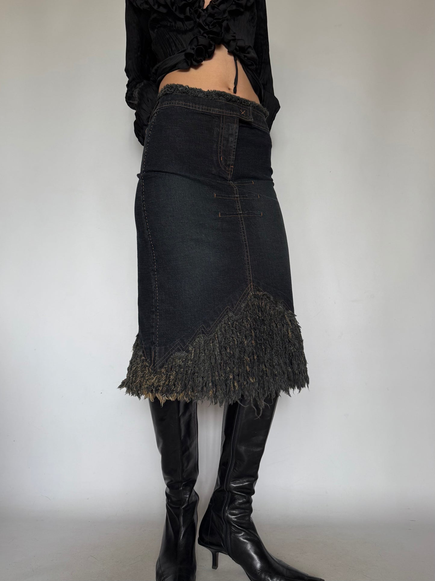 Vintage Denim Skirt with Fringe Hem Twinkling Global