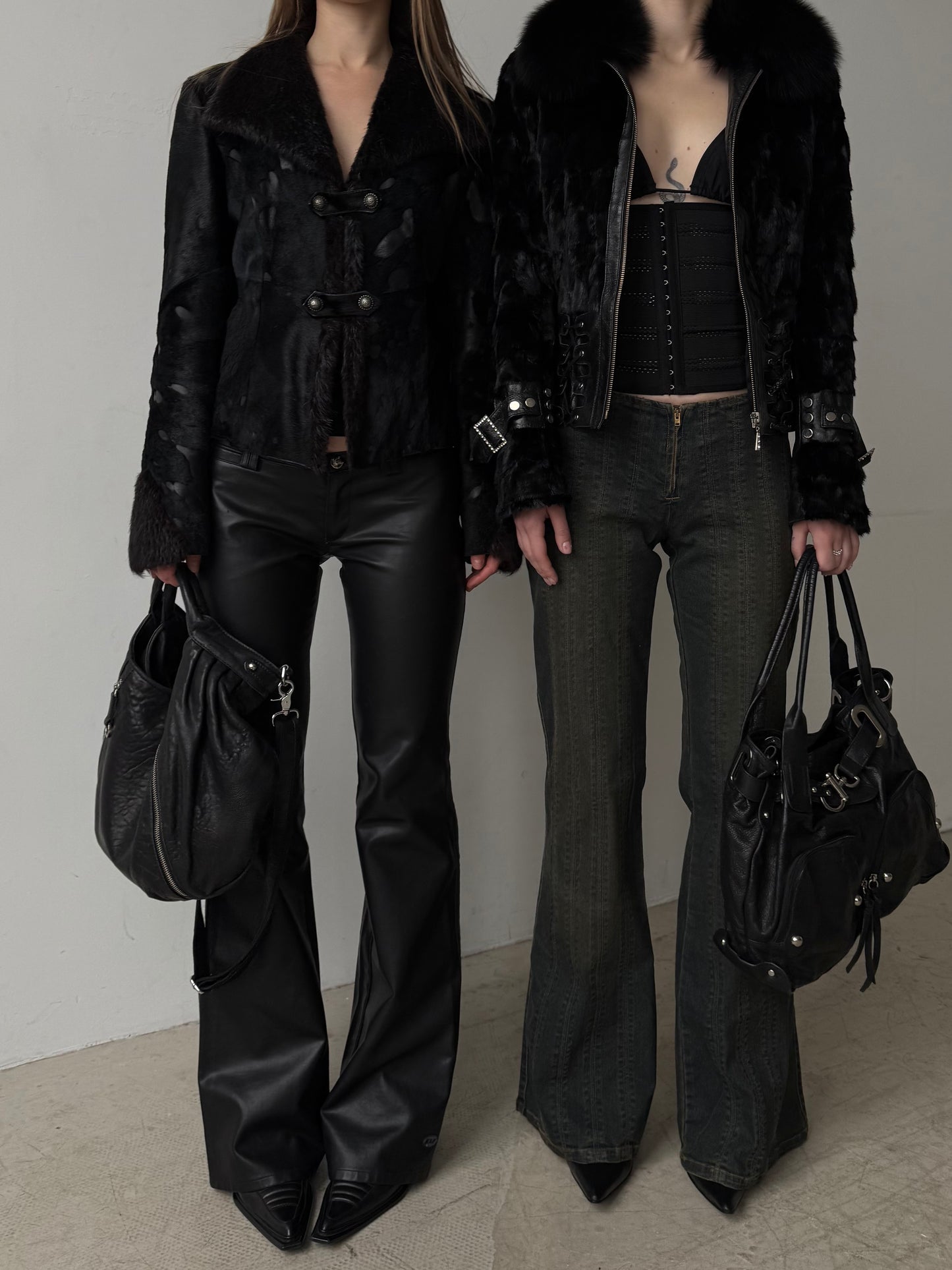 Vintage pony fur & leather fitted jacket – black-blue mix TWINKLING GLOBAL