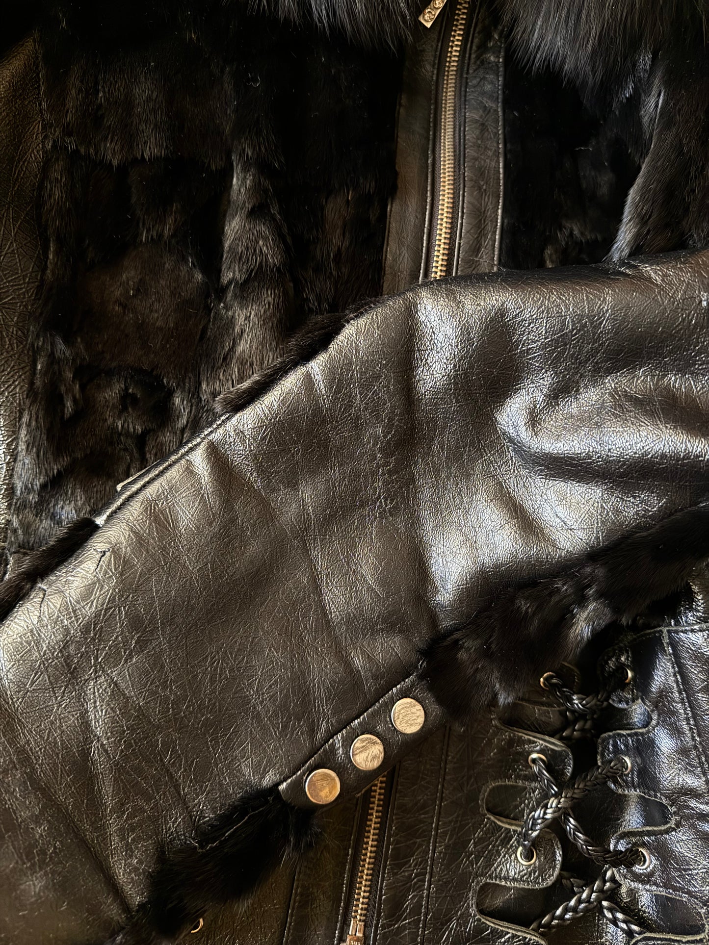 Vintage Leather & Real Fur Lace-Up Jacket TWINKLING GLOBAL