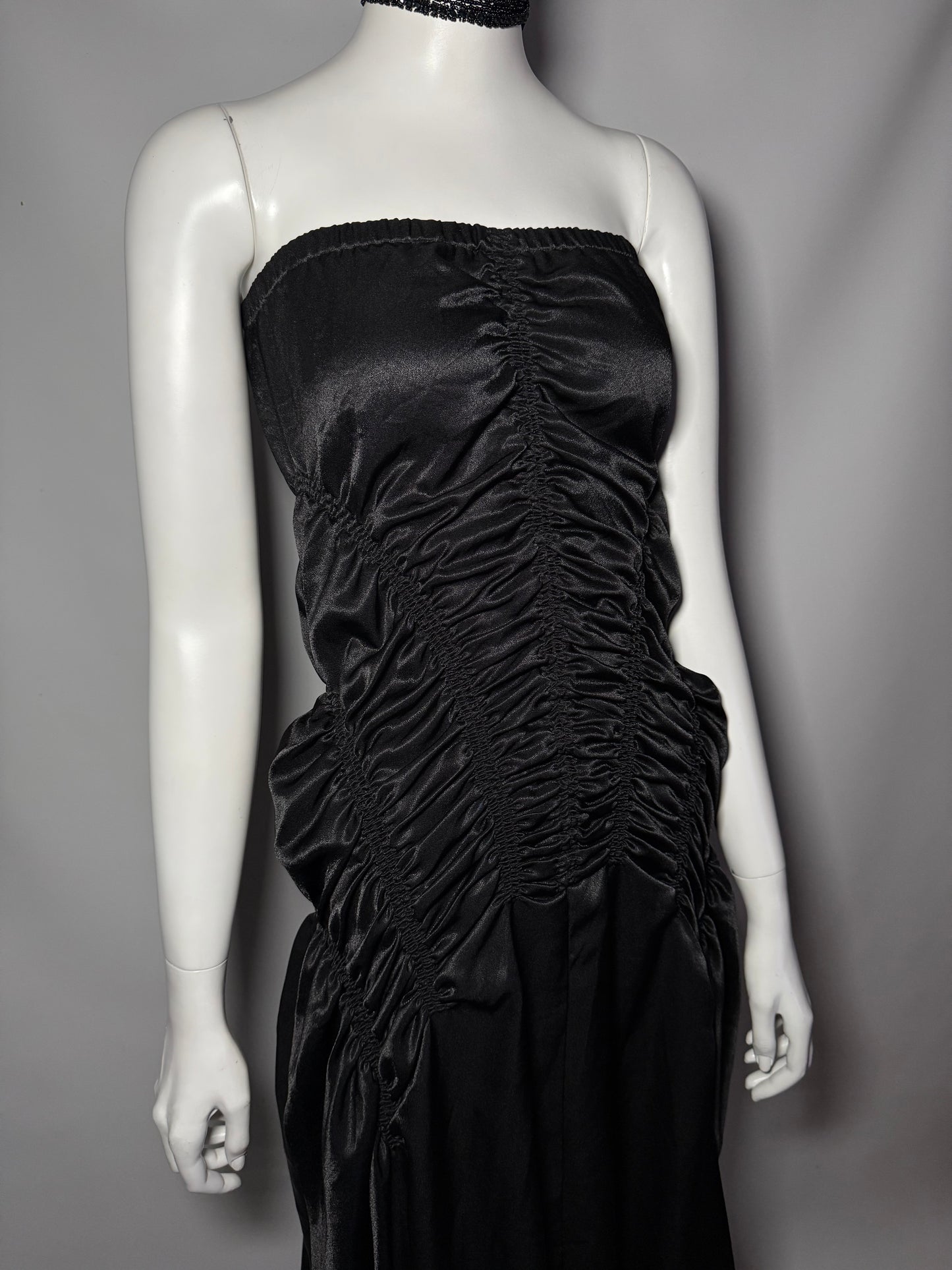 Y2K Strapless Black Ruched Satin Maxi Dress Twinkling