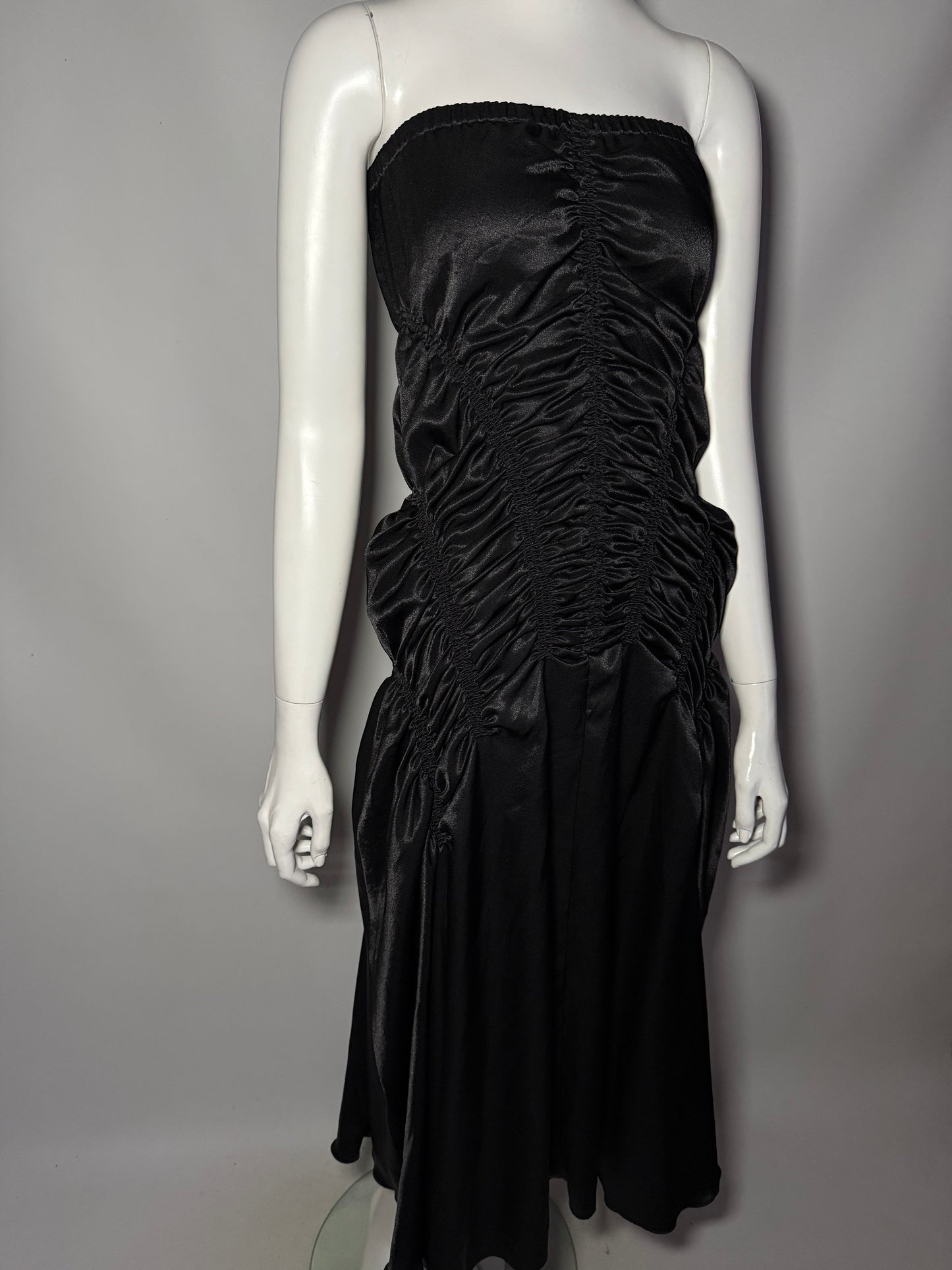 Y2K Strapless Black Ruched Satin Maxi Dress Twinkling