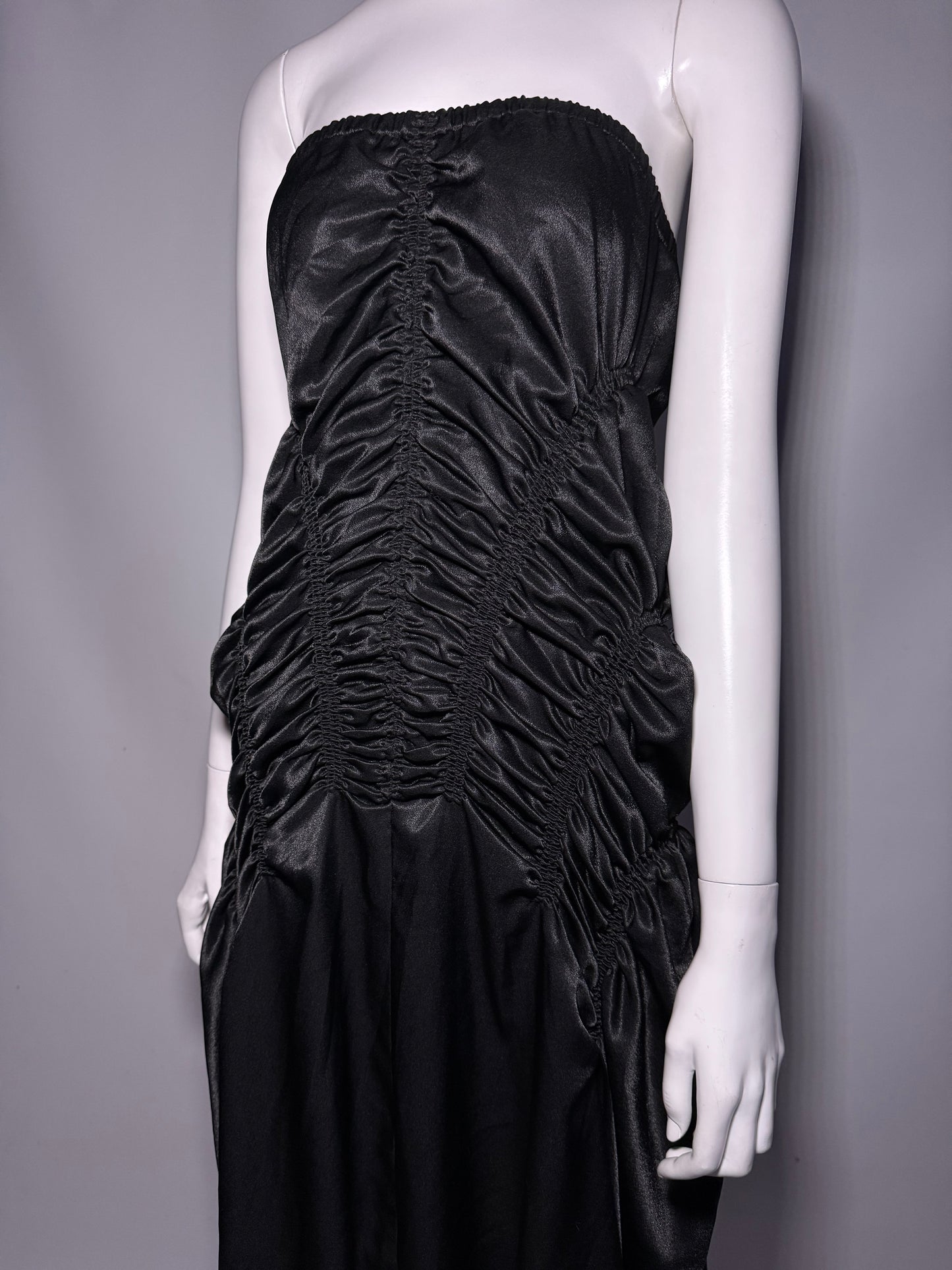 Y2K Strapless Black Ruched Satin Maxi Dress Twinkling