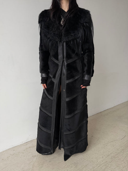 Vintage Black Leather Long Coat with Real Fur TWINKLING GLOBAL
