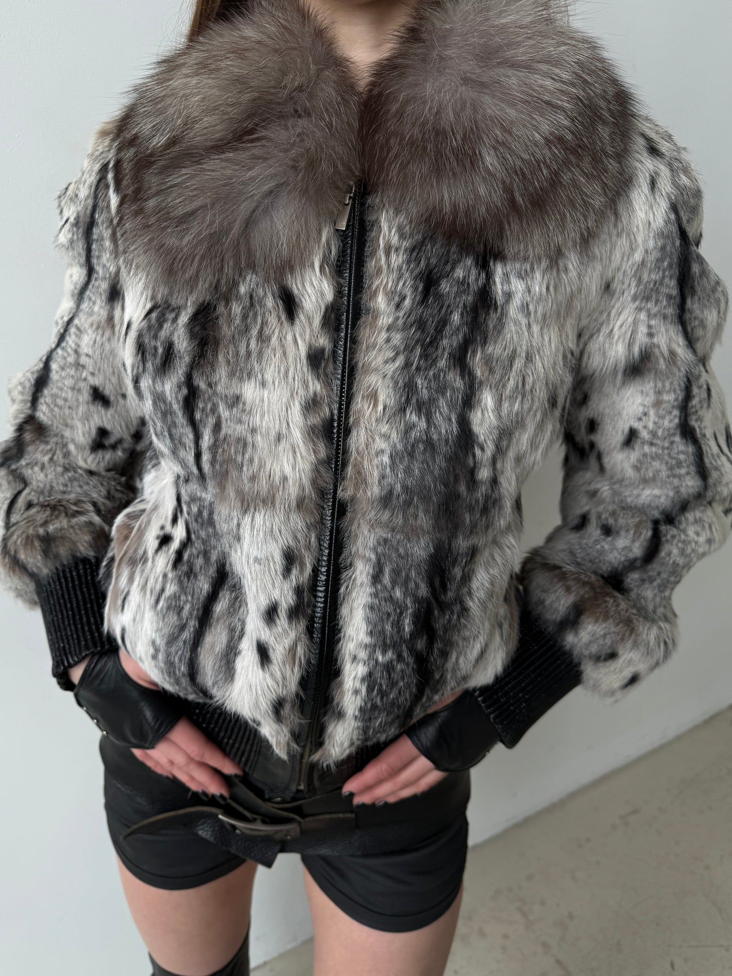 Vintage leather jacket with natural rabbit fur TWINKLING GLOBAL