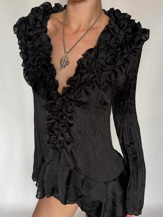 Vintage Satin Ruffle Peplum Blouse Black Twinkling Global