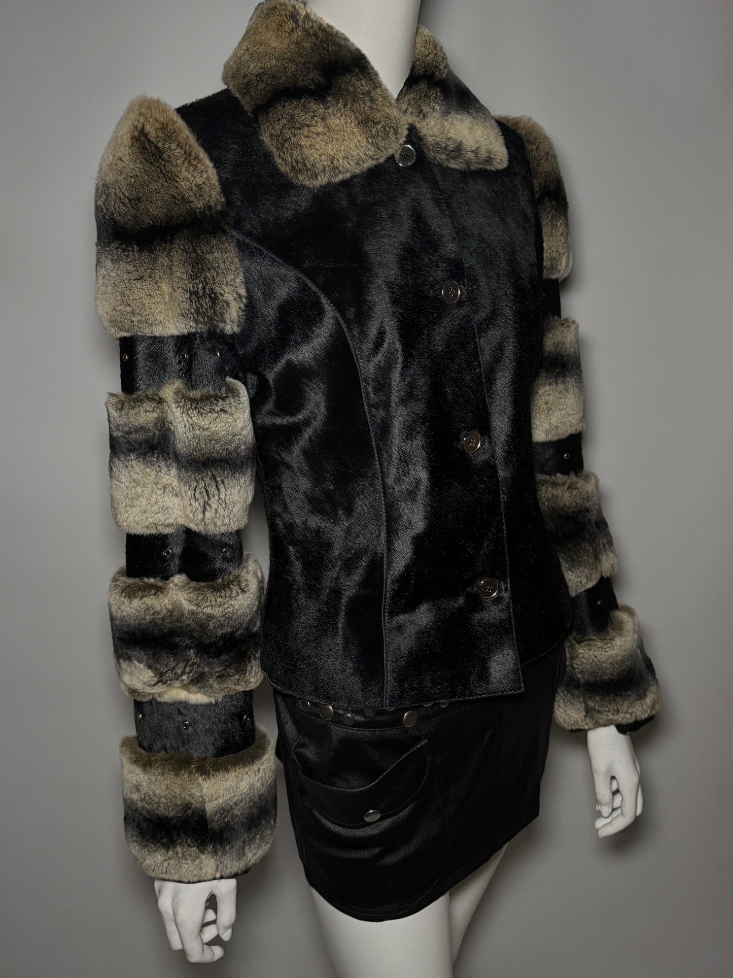 Vintage leather jacket with real chinchilla and pony fur panels