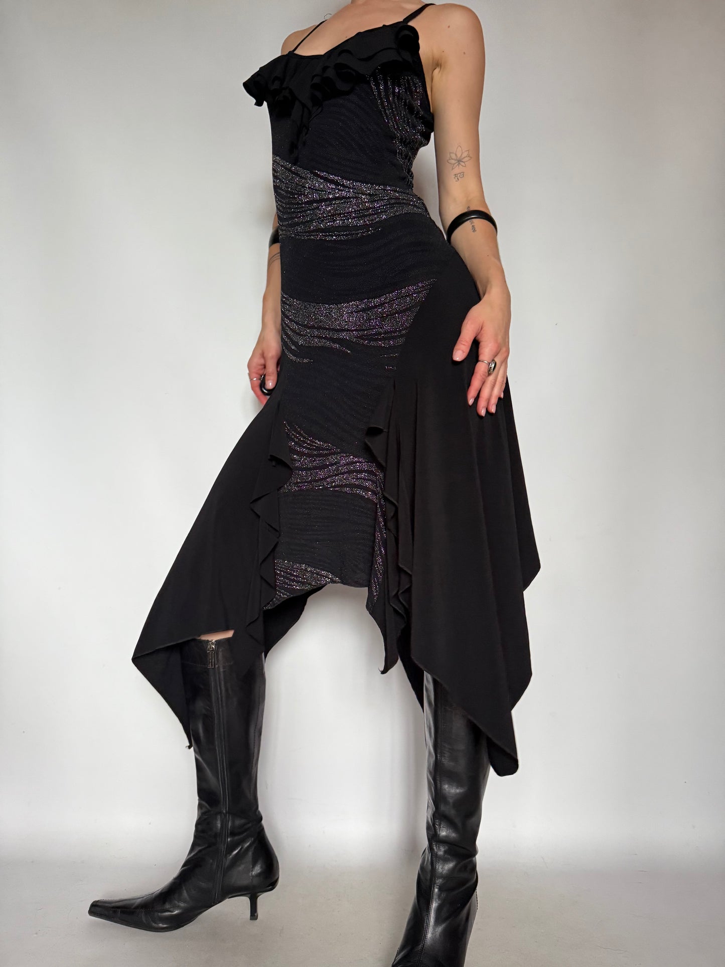 Vintage Black Asymmetrical Midi Dress with Metallic Stripes – Twinkling Global