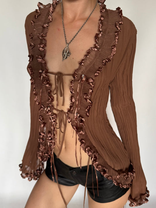 Vintage Cocoa Ruffle Tie-Front Blouse Twinkling Global