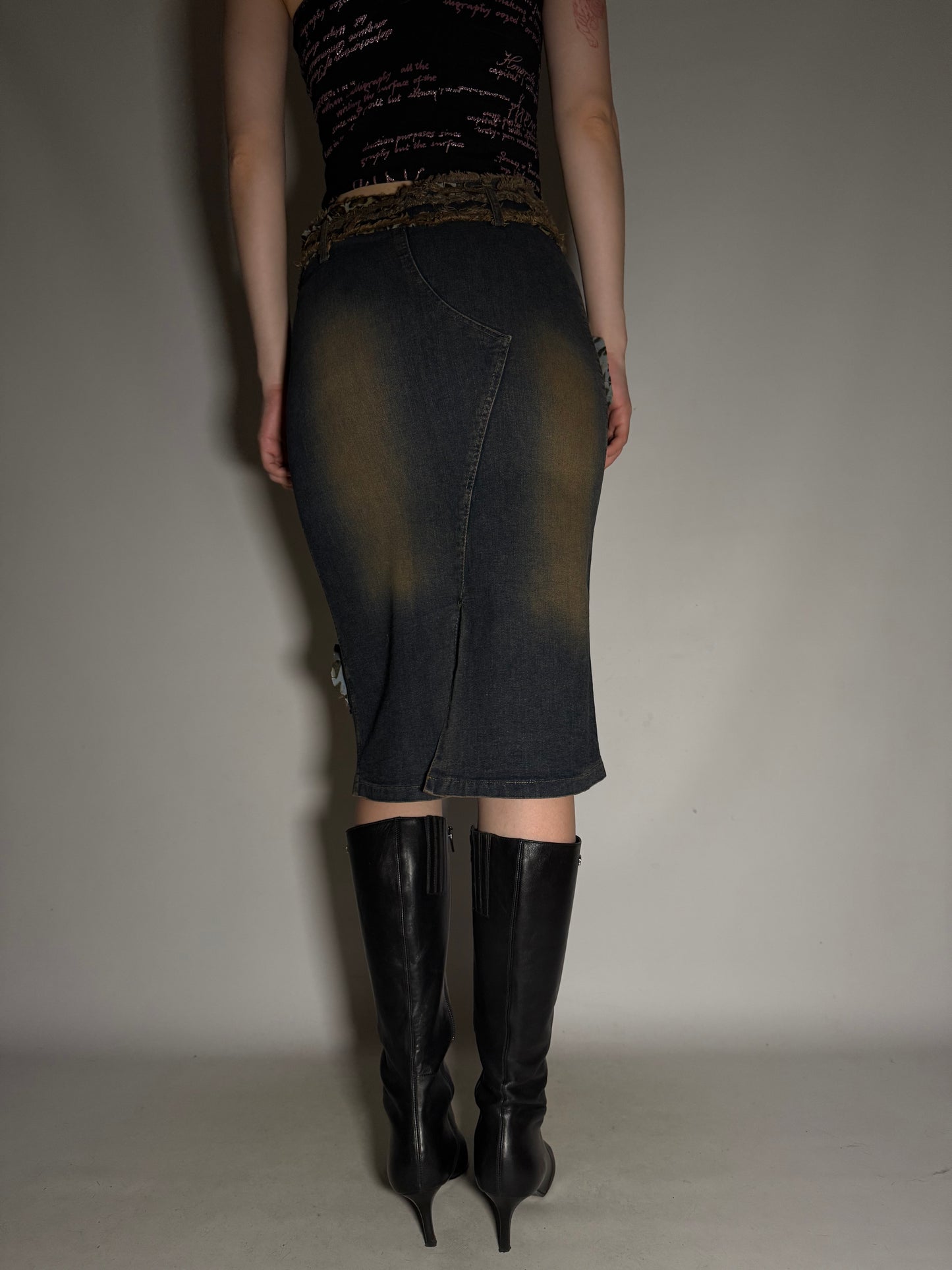 Y2K Leopard Patch Stretch Denim Pencil Skirt Twinkling