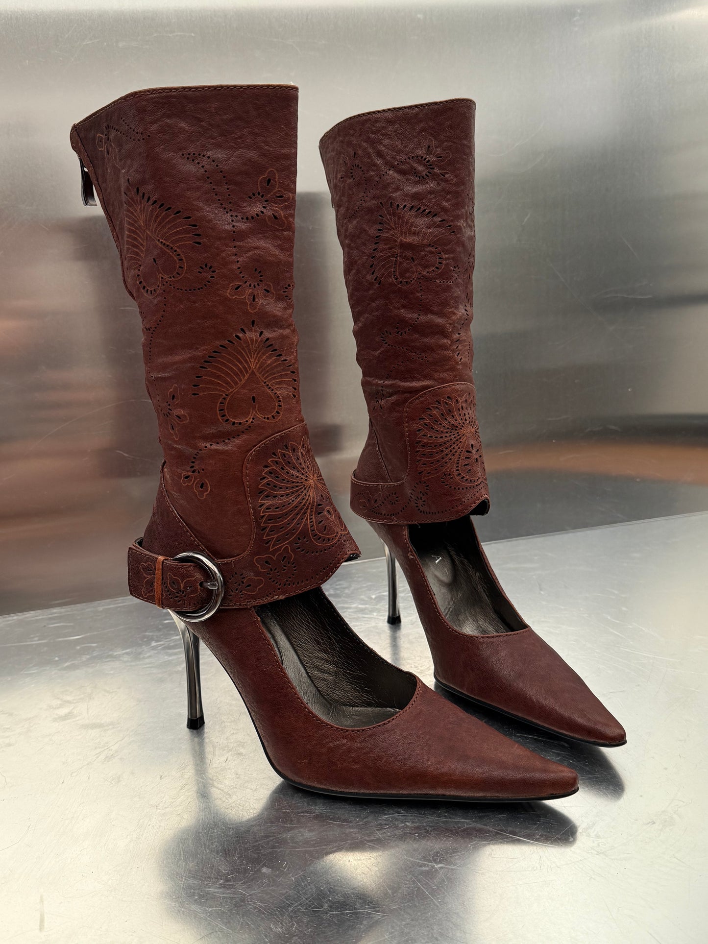 Vintage Brown Leather Gaiter-Style Pump Boots Twinkling Global
