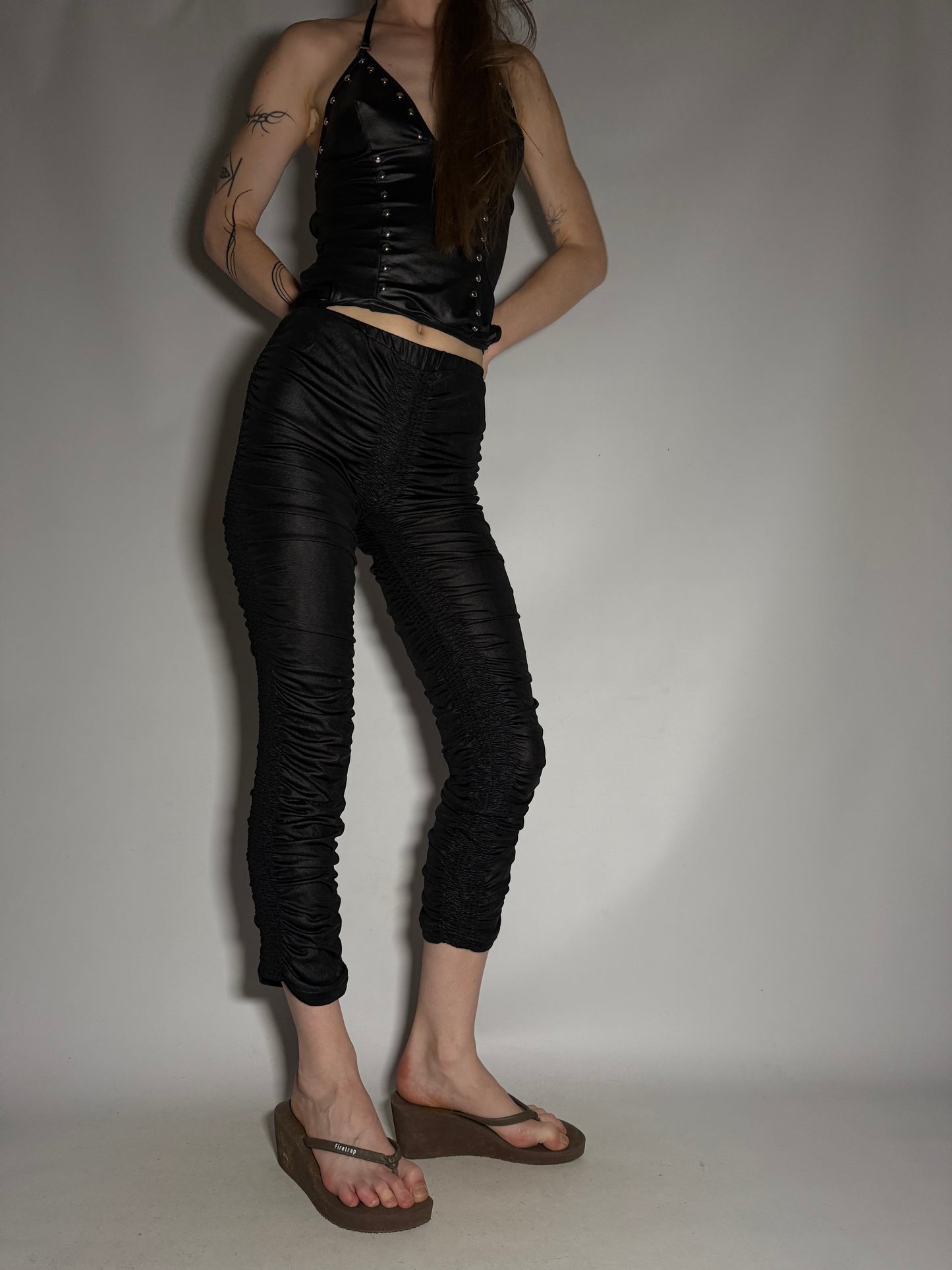 Y2K Black Ruched Capri Pants with Shiny Stretch Fabric Twinkling
