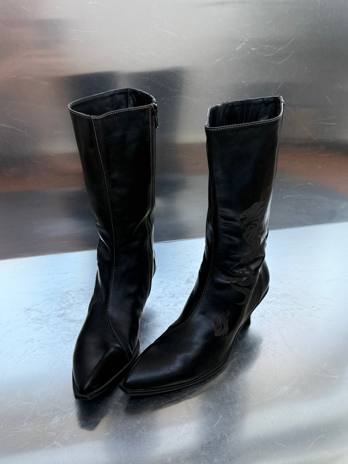Vintage Black Leather Boots with Tribal Detail Twinkling Global