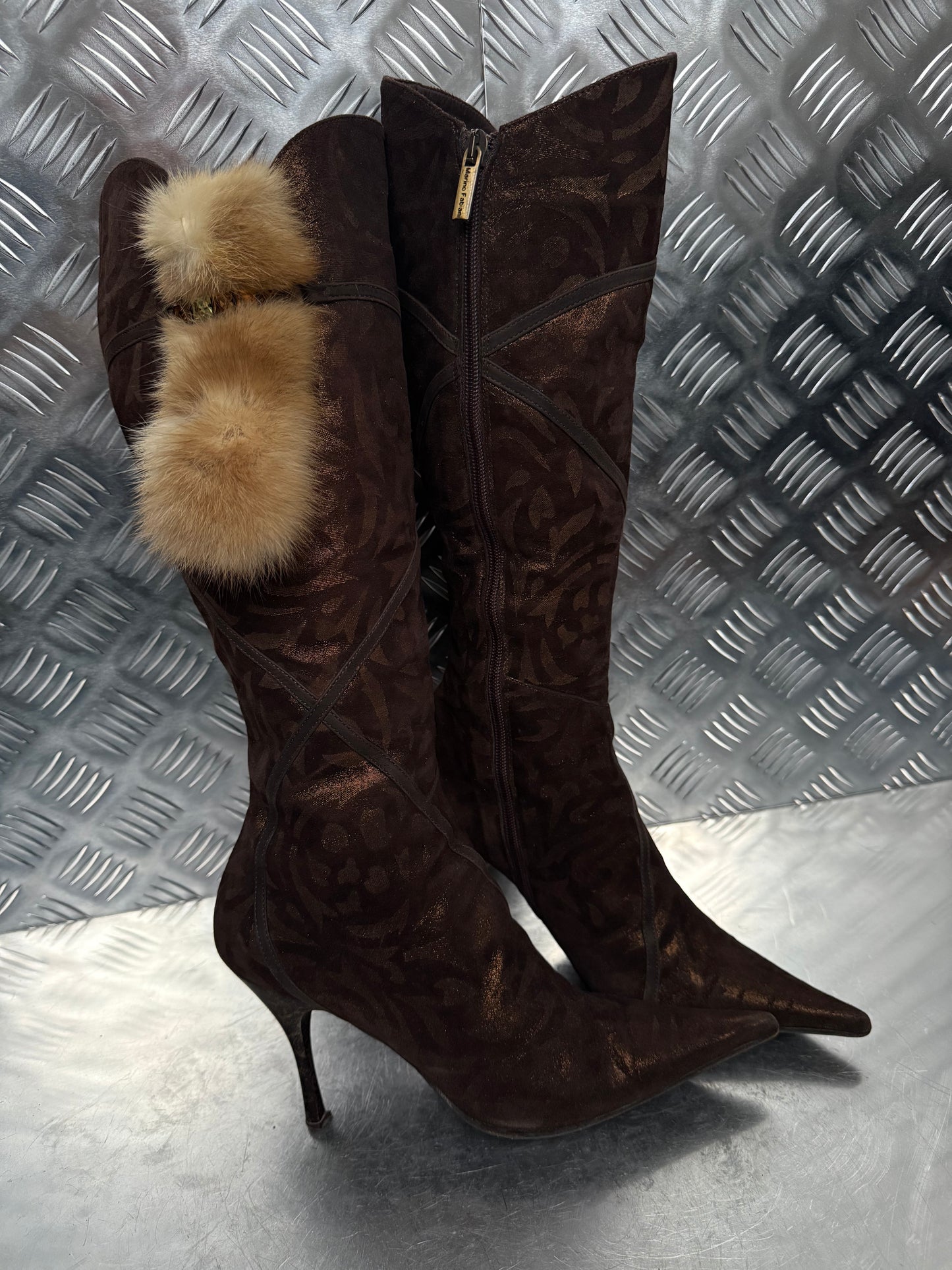 Italian Brown Suede Heeled Boots with Real Fur TWINKLING GLOBAL