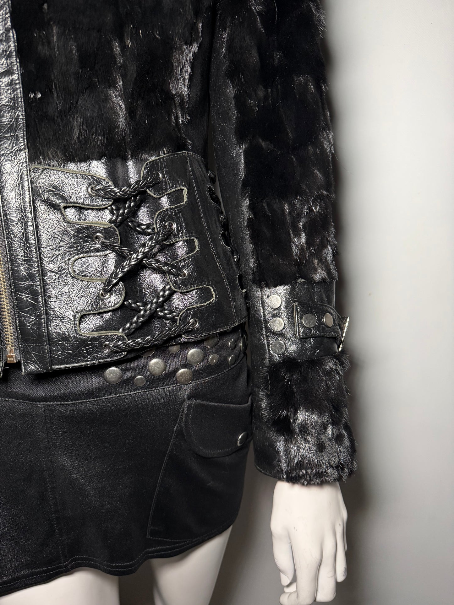 Vintage Leather & Real Fur Lace-Up Jacket TWINKLING GLOBAL