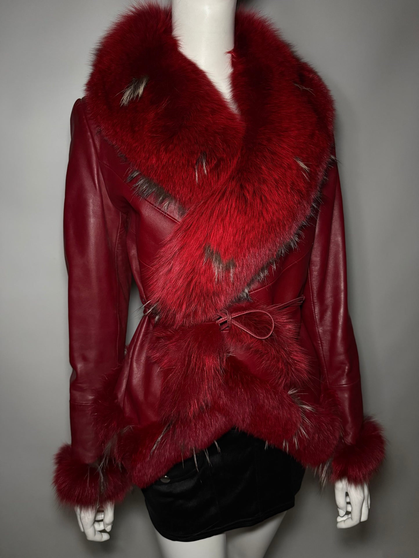 Vintage Red Leather Wrap Jacket with Real Fur TWINKLING GLOBAL