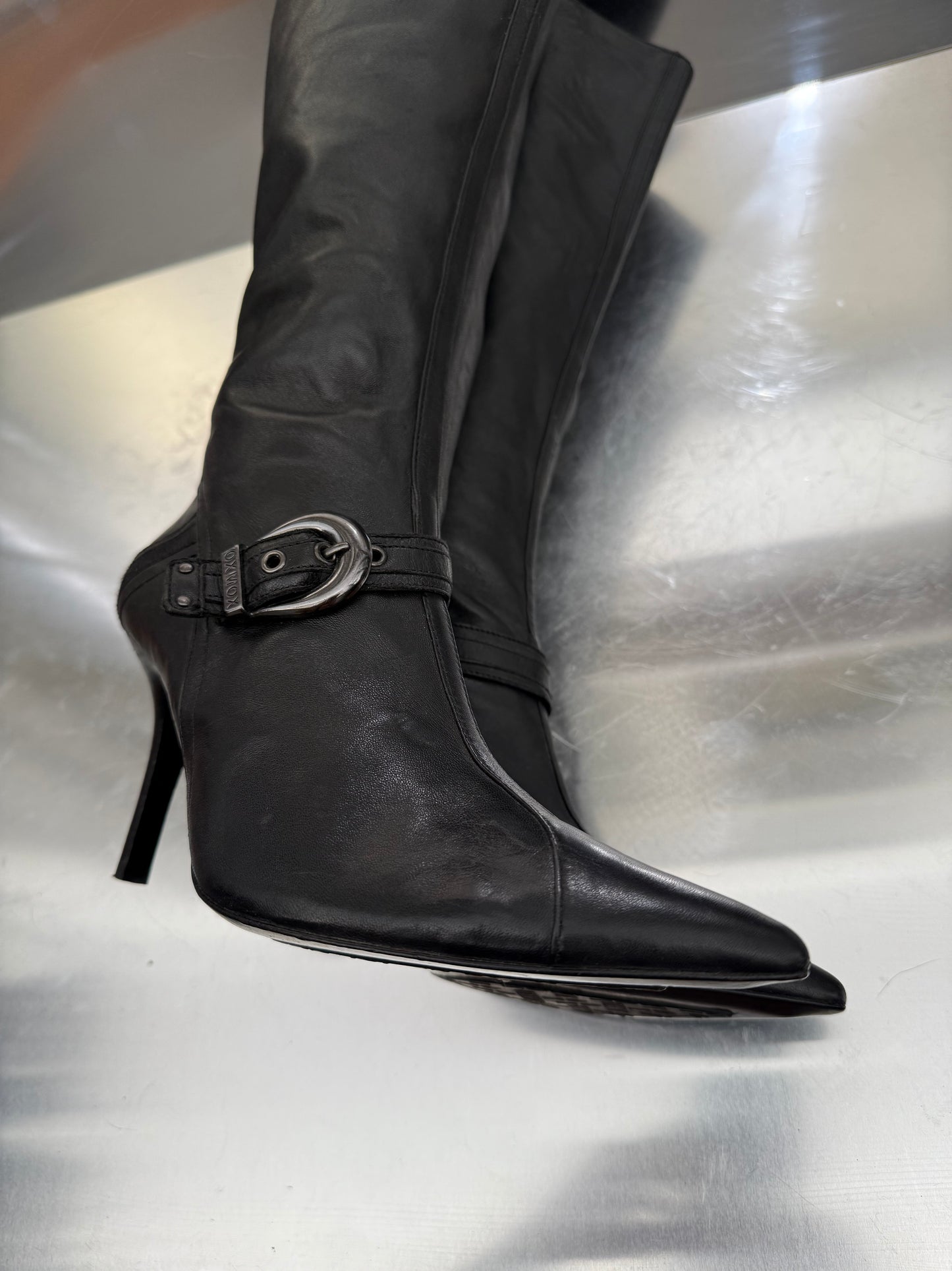 Vintage Black Leather High Boots with Buckle Detail OXMOX Twinkling Global