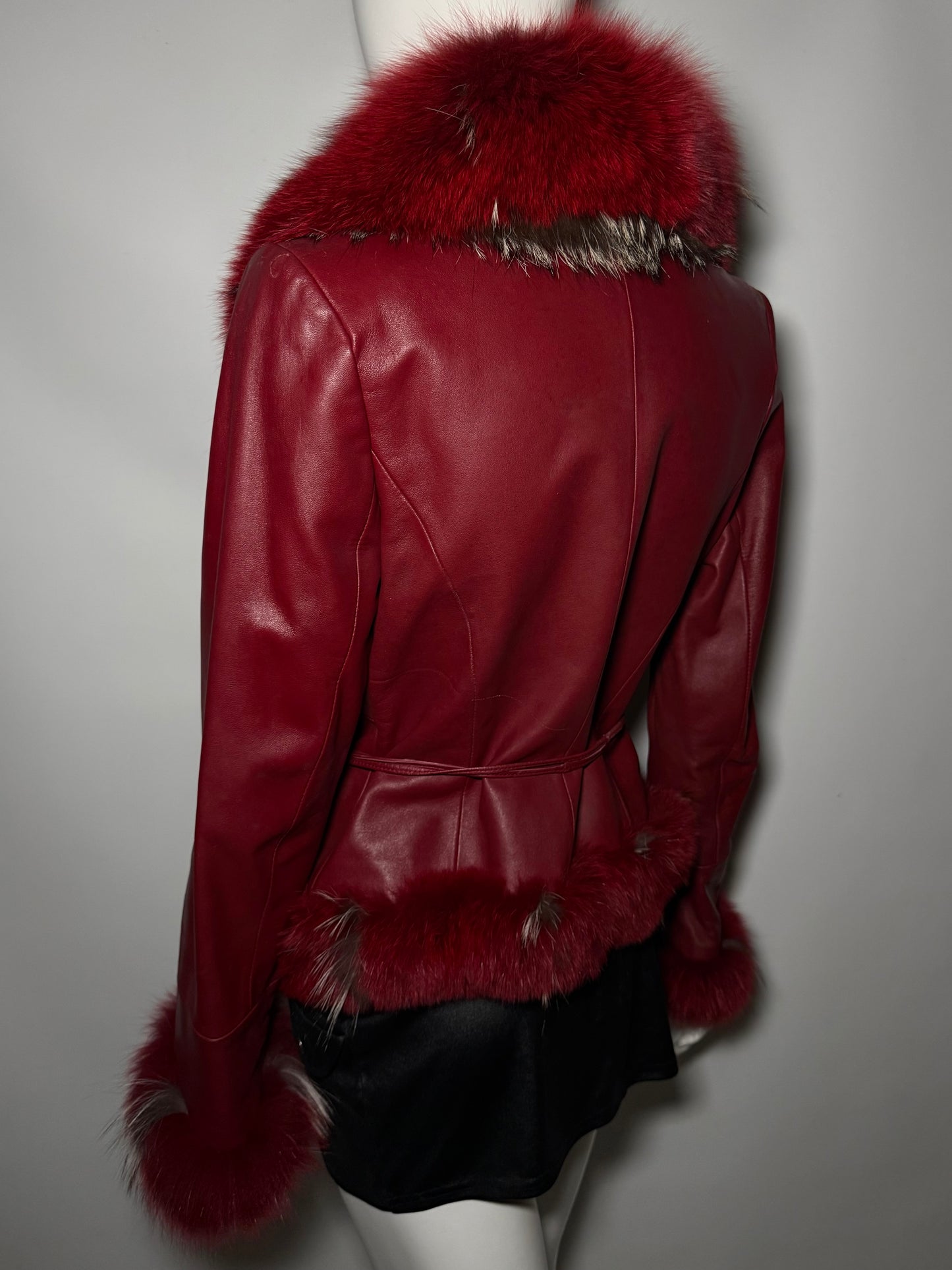 Vintage Red Leather Wrap Jacket with Real Fur TWINKLING GLOBAL