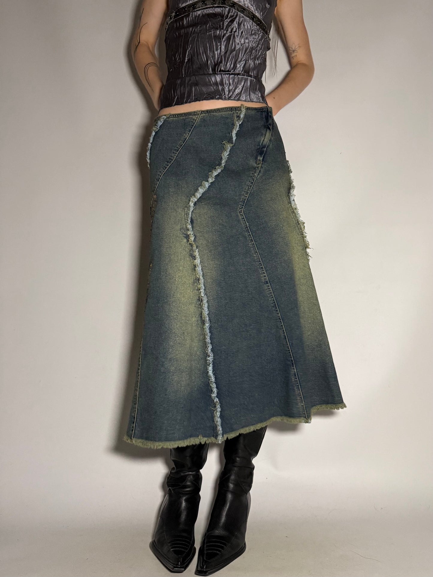 Y2K Distressed Denim Maxi Skirt with Sequin Floral Appliqué TWINKLING